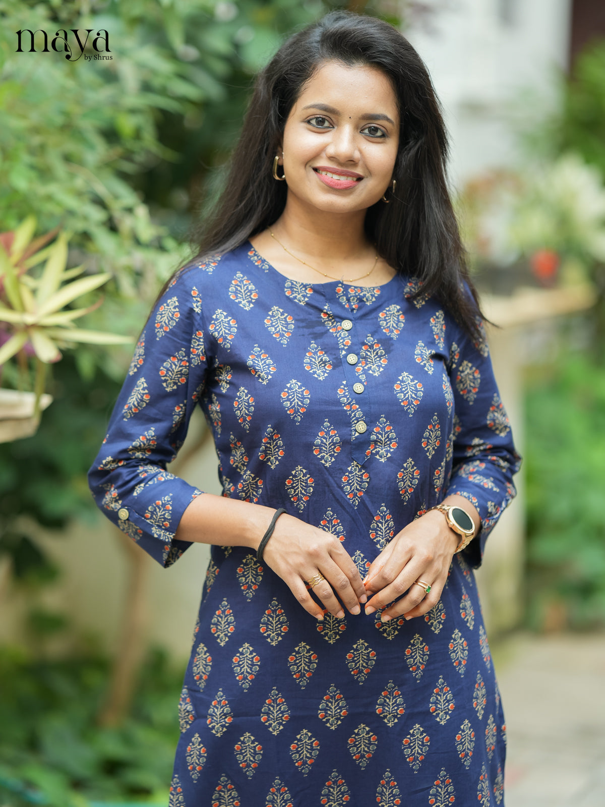 Navy Blue Ajrakh printed Cotton Kurti - Shop on Shrus.com