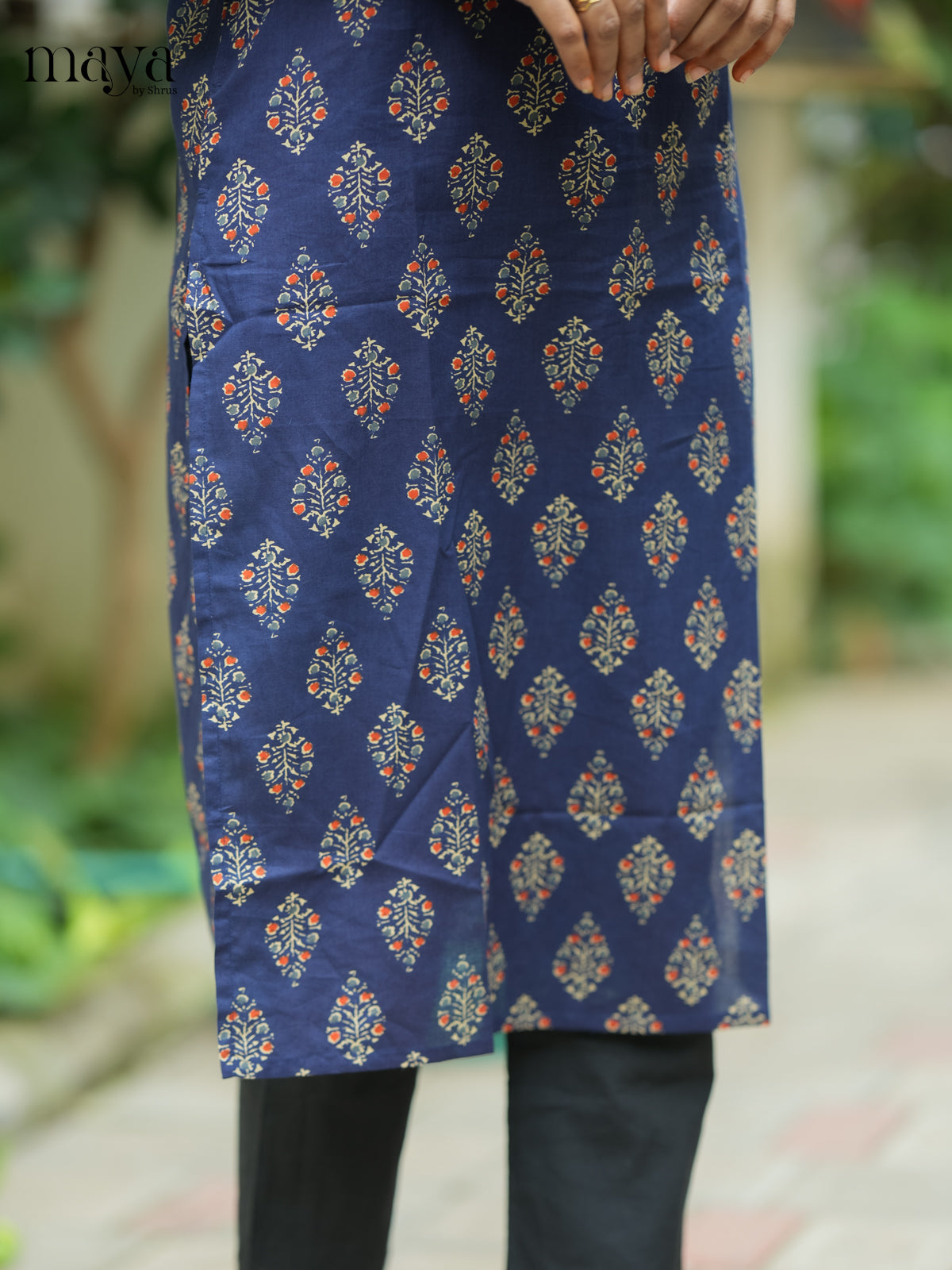 Navy Blue Ajrakh printed Cotton Kurti - Shop on Shrus.com