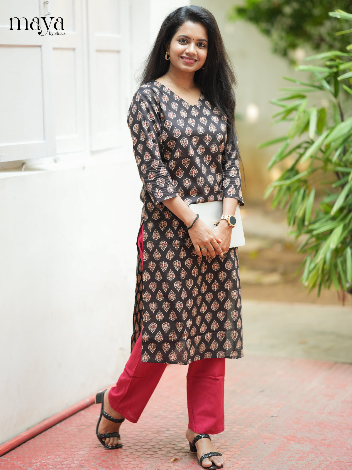 Dark Brown Ajrakh Printed Cotton Straight Kurti - Shop on Shrus.com