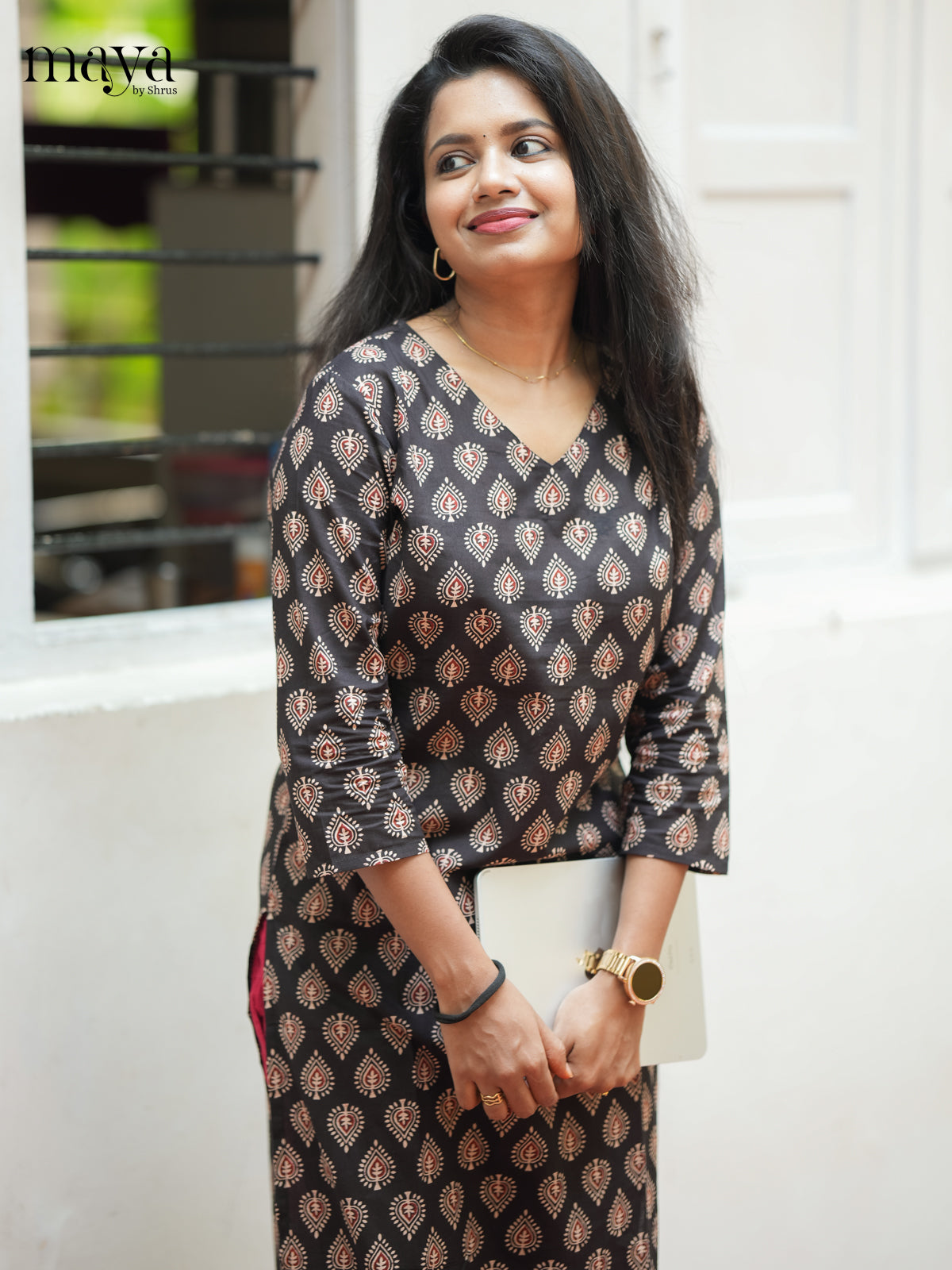 Dark Brown Ajrakh Printed Cotton Straight Kurti - Shop on Shrus.com