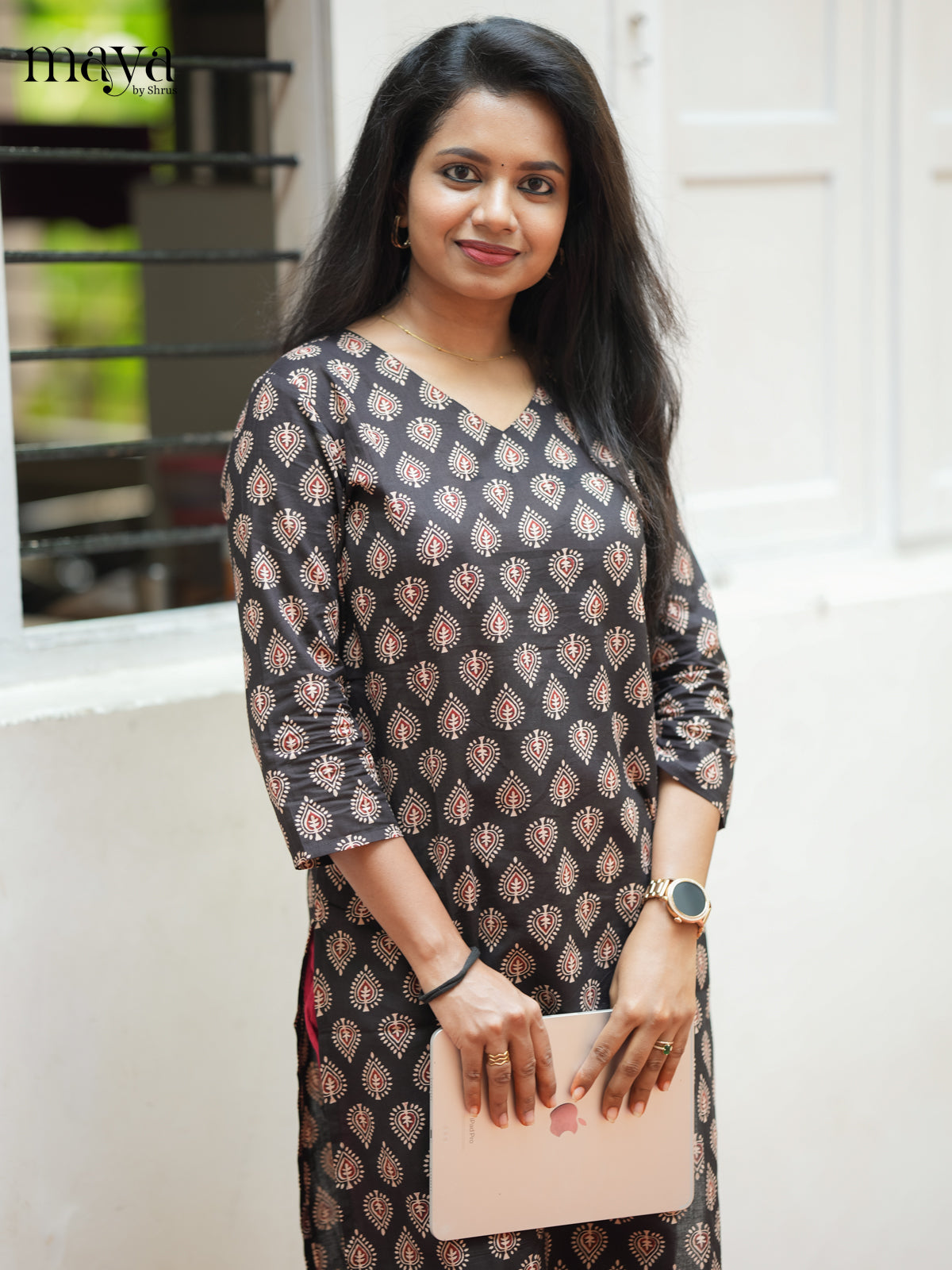 Dark Brown Ajrakh Printed Cotton Straight Kurti - Shop on Shrus.com