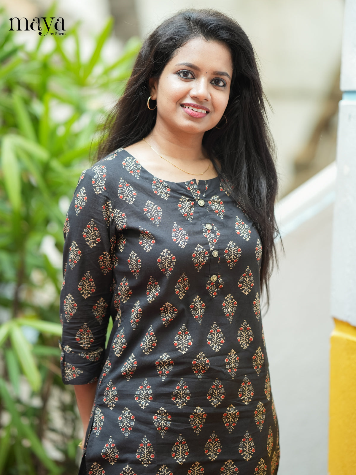 Black Ajrakh printed Cotton Kurti - Shop on Shrus.com