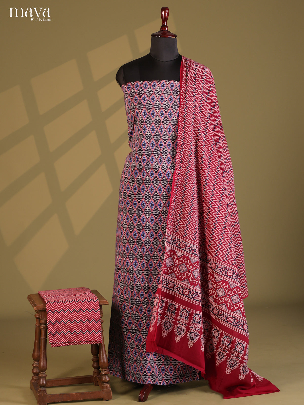 Black with Maroon - Ajrakh Salwar Unstitch - Shop on Shrus.com