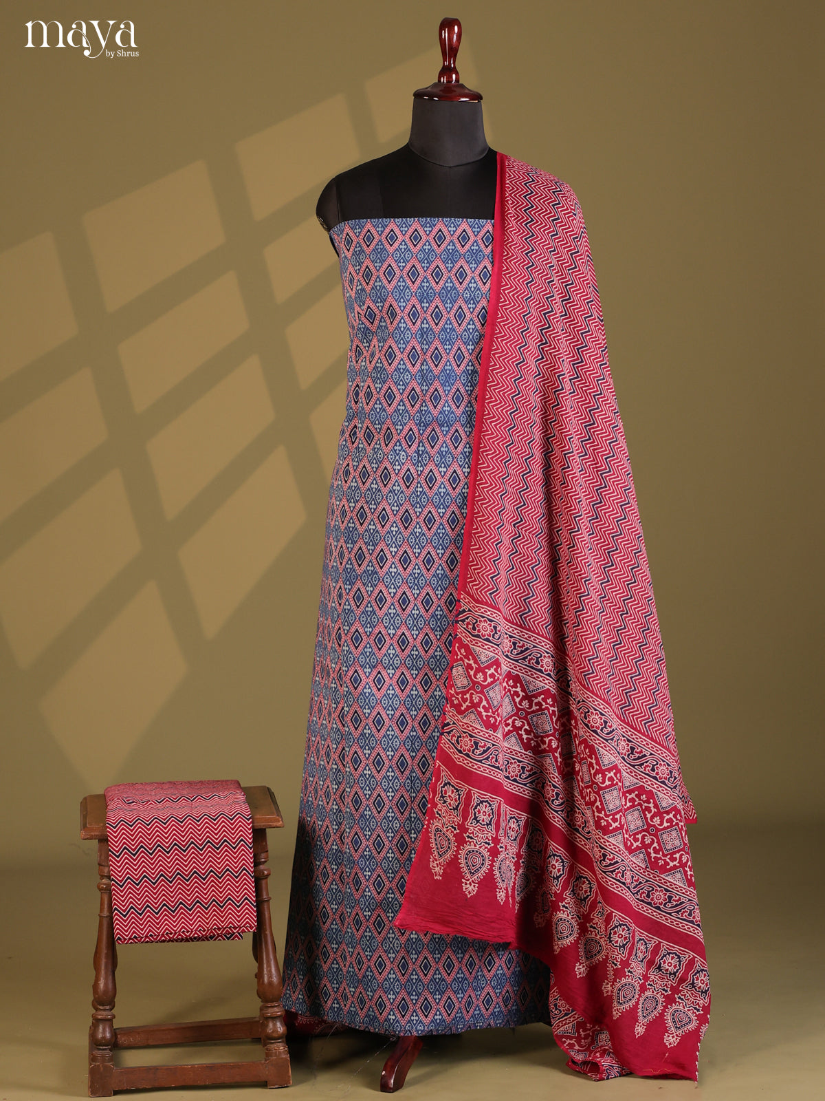Blue with Maroon - Ajrakh Salwar Unstitch - Shop on Shrus.com