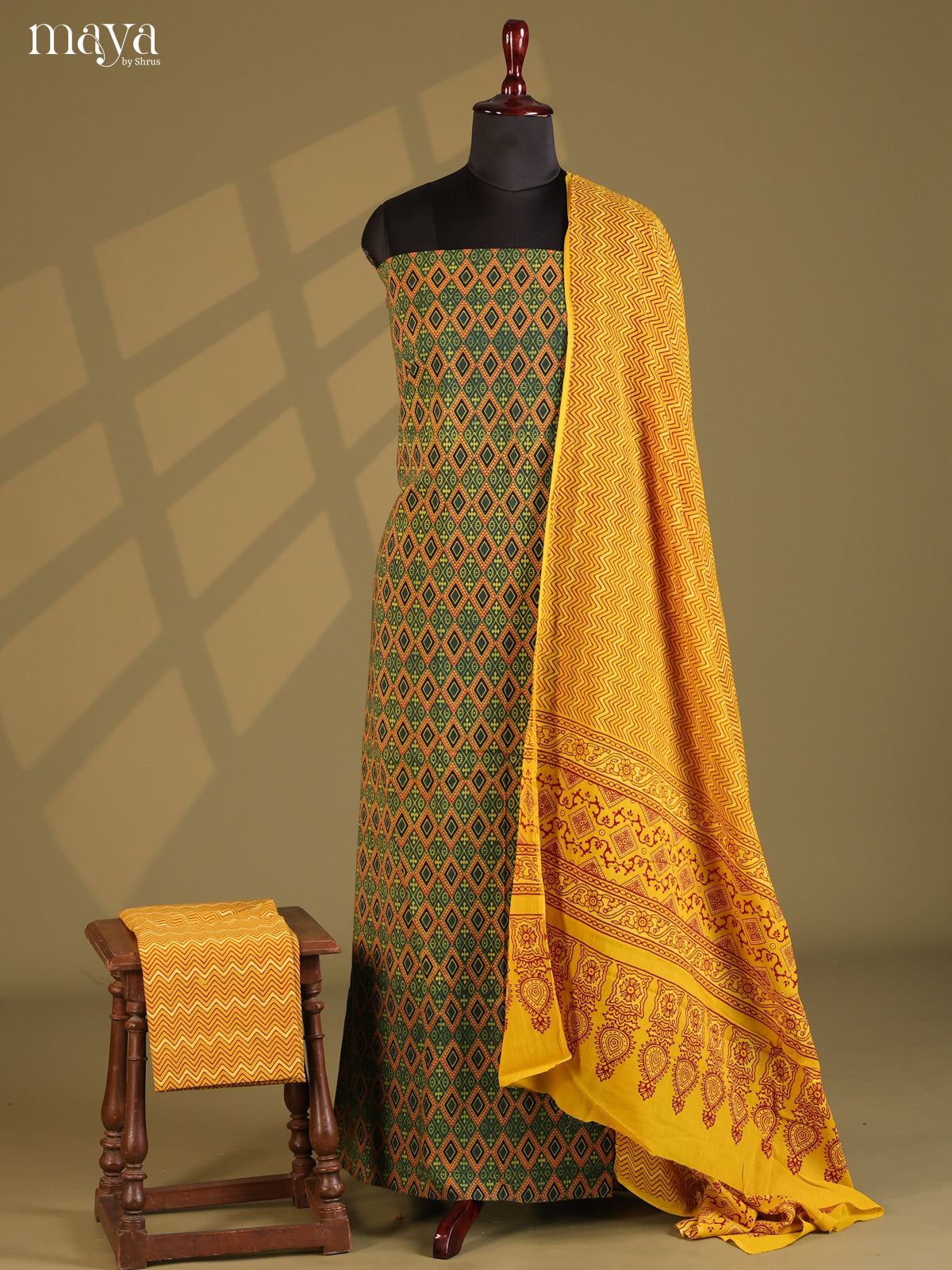 Green with Mustard- Ajrakh Salwar Unstitch - Shop on Shrus.com