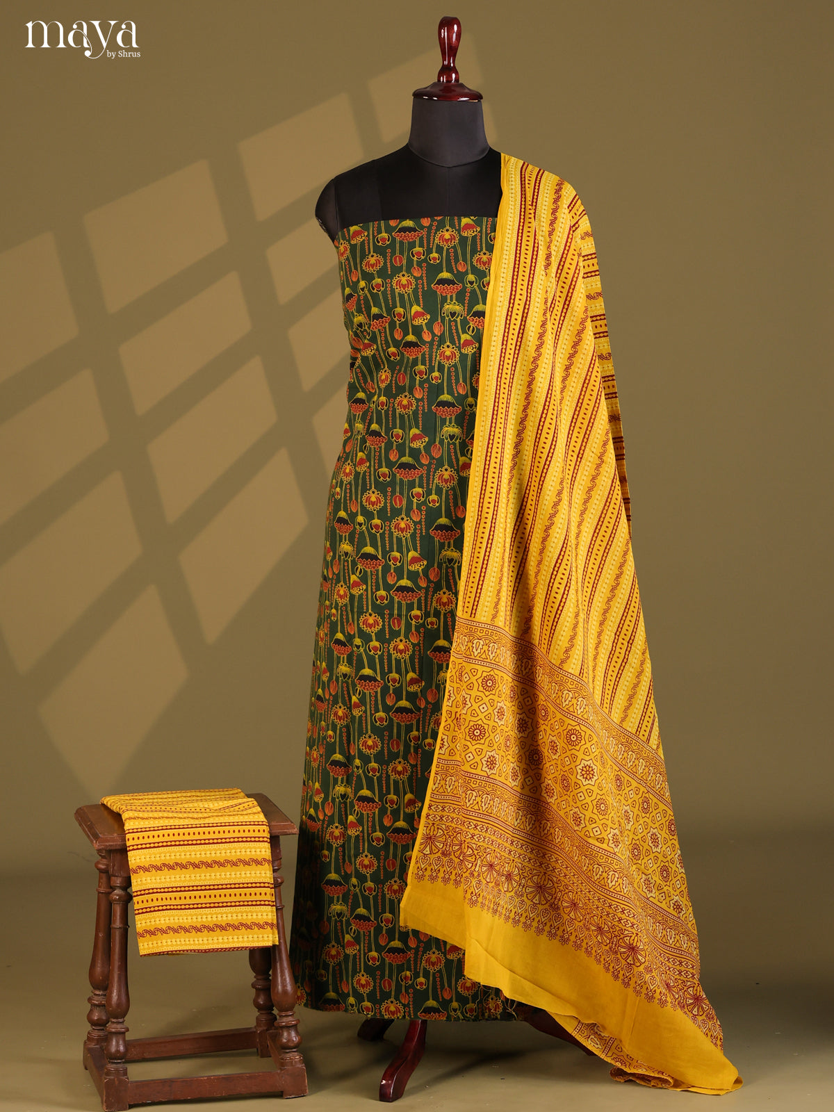 Green with Mustard - Ajrakh Salwar Unstitch - Shop on Shrus.com