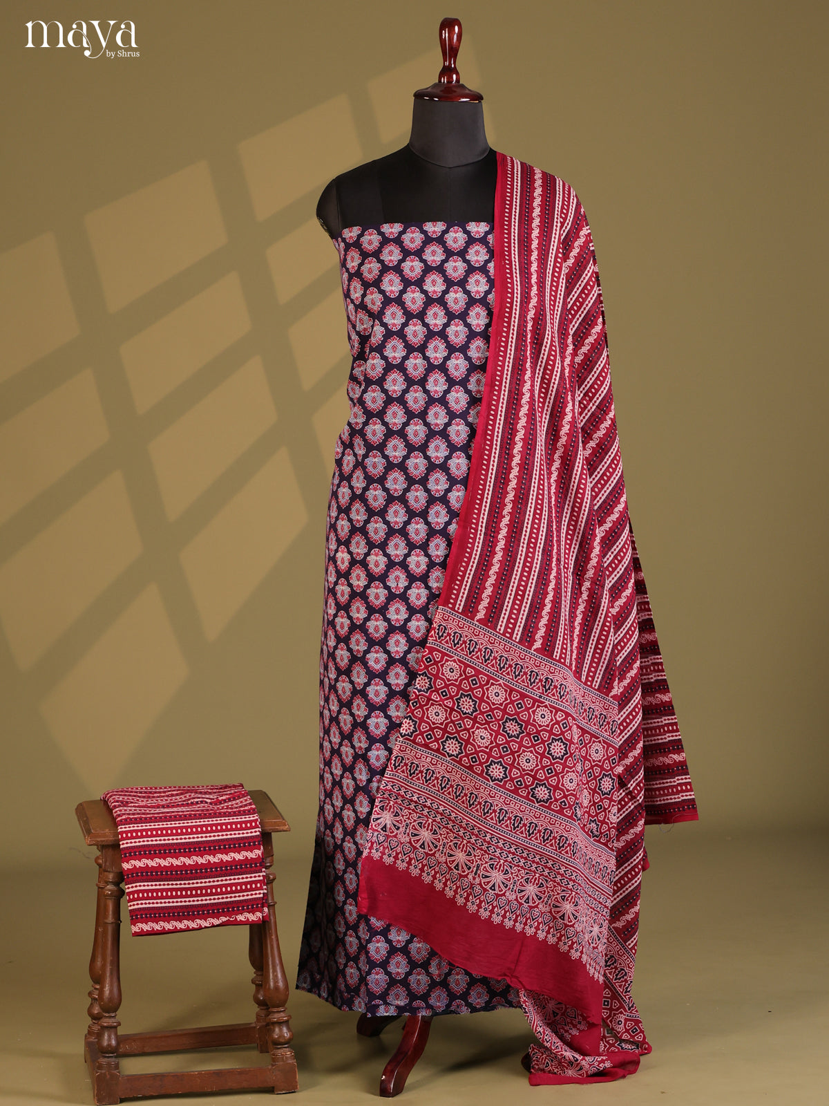 Black with Maroon - Ajrakh Salwar Unstitch - Shop on Shrus.com