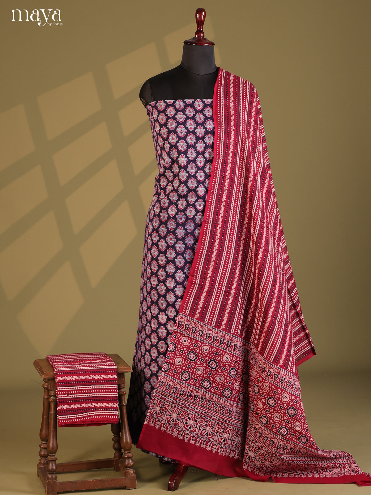 Black with Maroon - Ajrakh Salwar Unstitch - Shop on Shrus.com