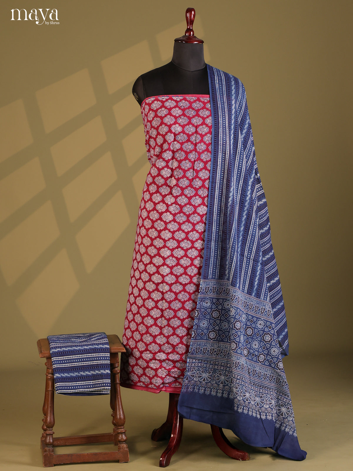 Maroon with Blue - Ajrakh Salwar Unstitch - Shop on Shrus.com