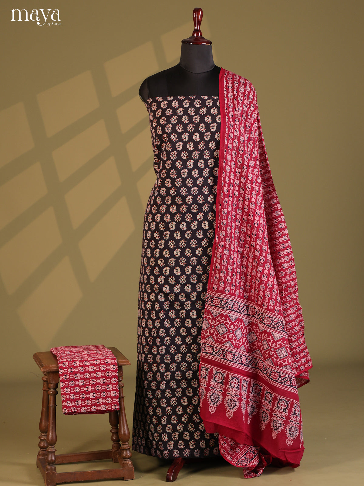 Black with Maroon- Ajrakh Salwar Unstitch - Shop on Shrus.com