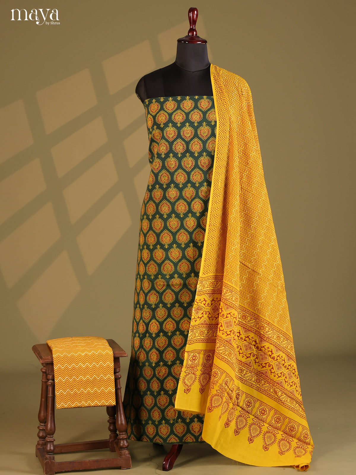 Green with Yellow- Ajrakh Salwar Unstitch - Shop on Shrus.com