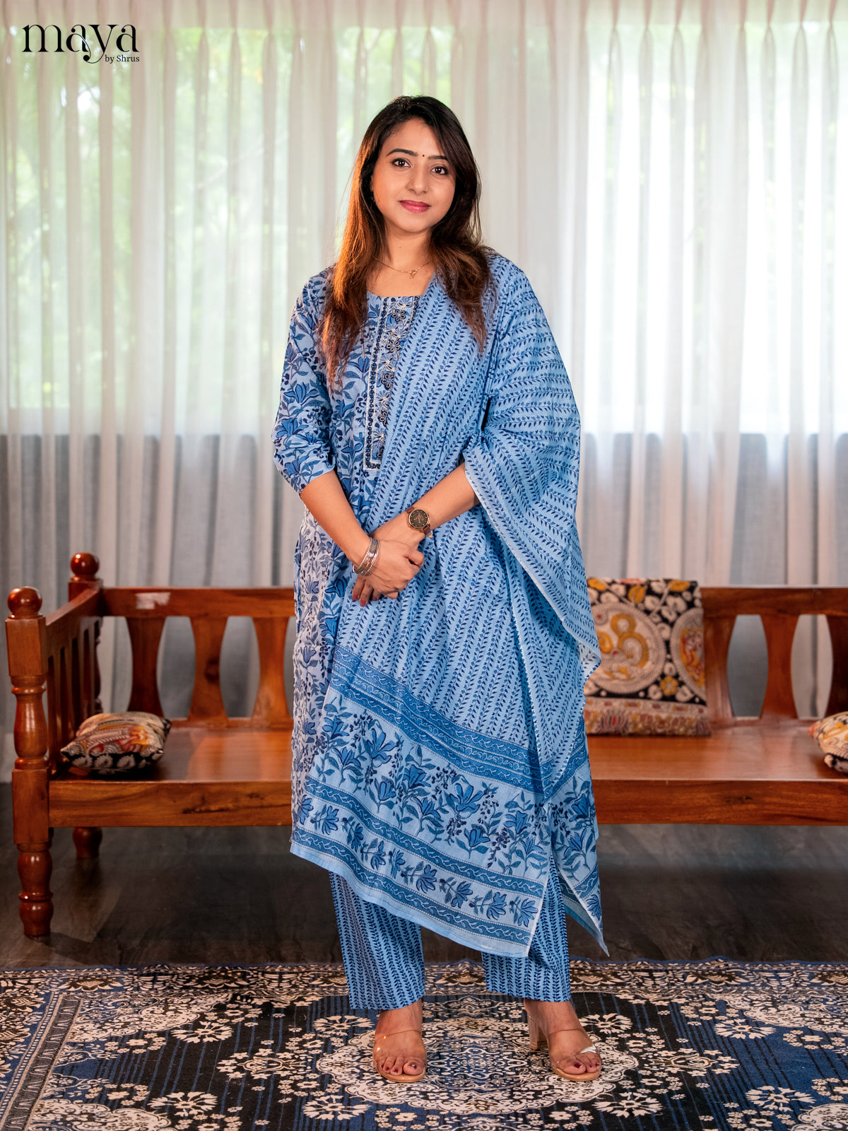 Blue - Floral printed Readymade 3- piece - Shop on Shrus.com