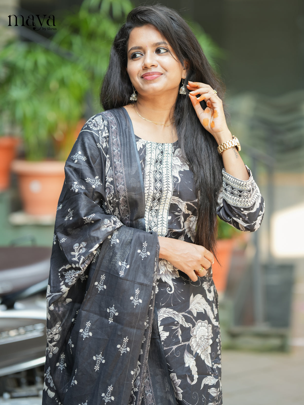 Black Cotton 3PC Salwar Suit with Floral Print - Top, Bottom & Dupatta - Shop on Shrus.com