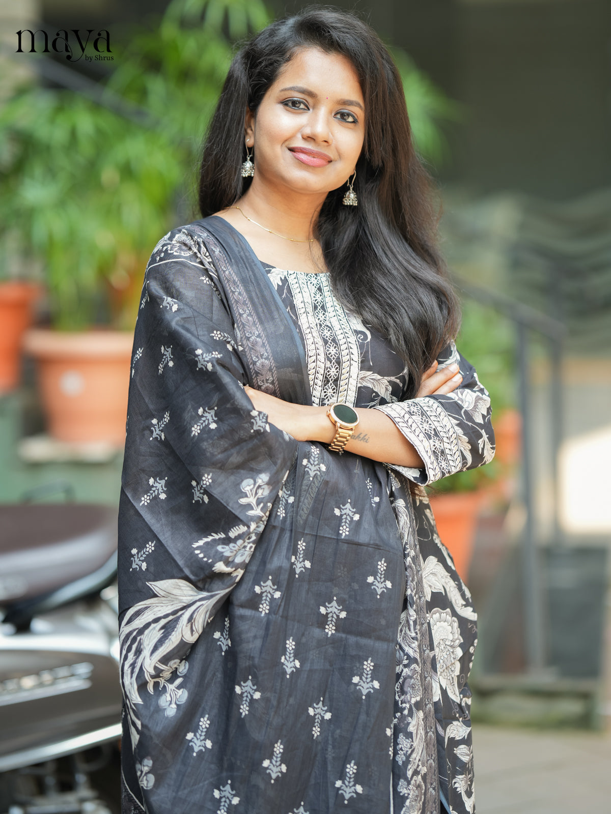 Black Cotton 3PC Salwar Suit with Floral Print - Top, Bottom & Dupatta - Shop on Shrus.com