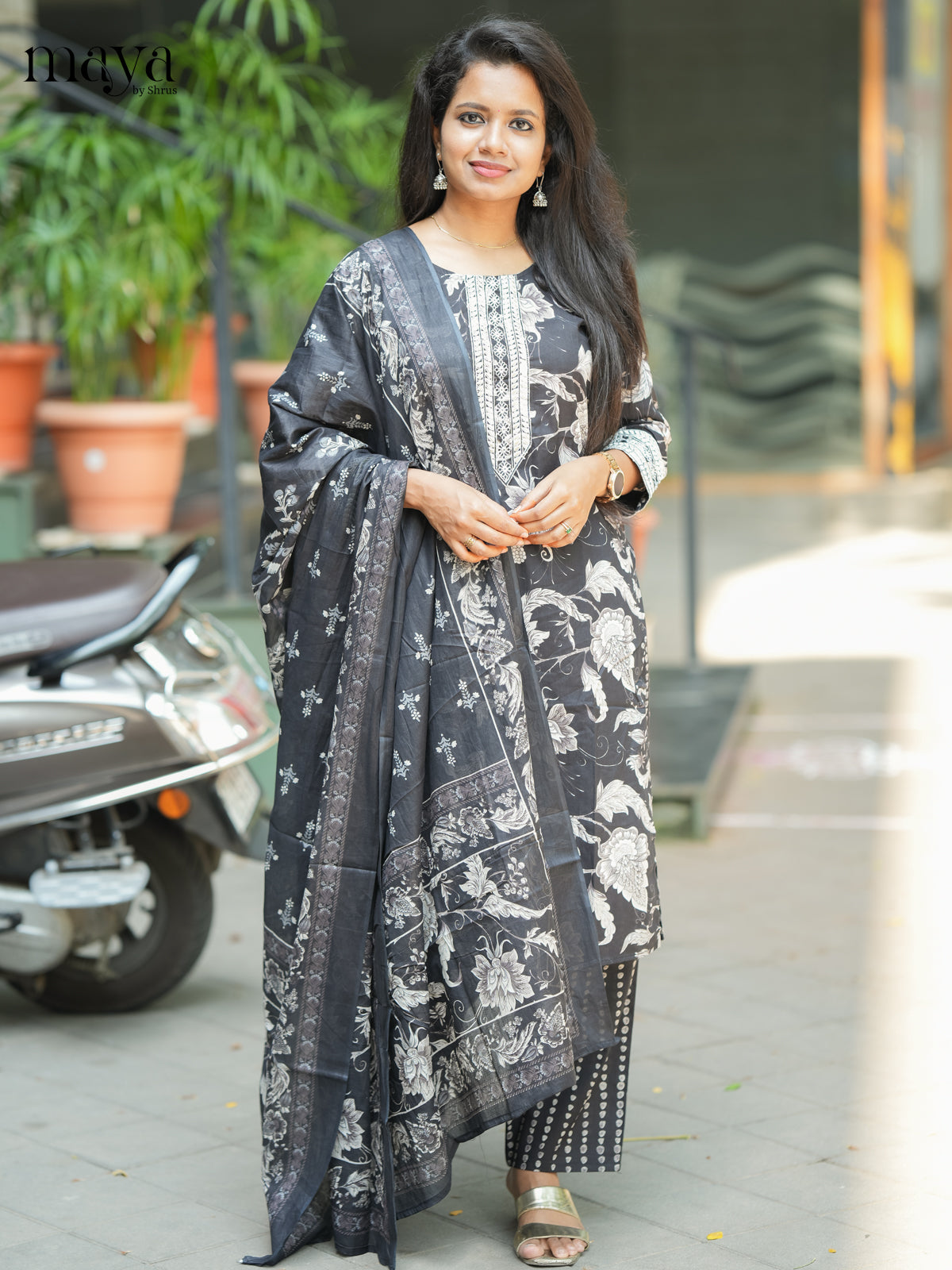 Black Cotton 3PC Salwar Suit with Floral Print - Top, Bottom & Dupatta - Shop on Shrus.com