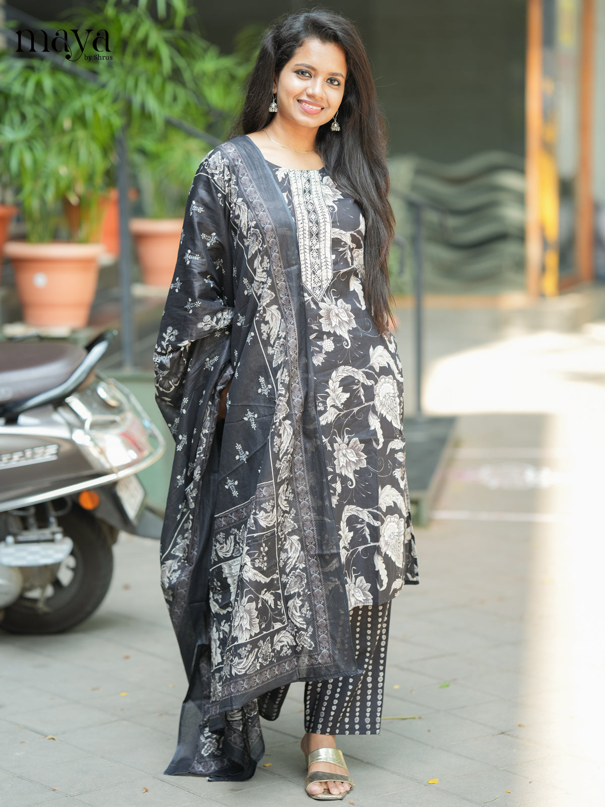 Black Cotton 3PC Salwar Suit with Floral Print - Top, Bottom & Dupatta - Shop on Shrus.com