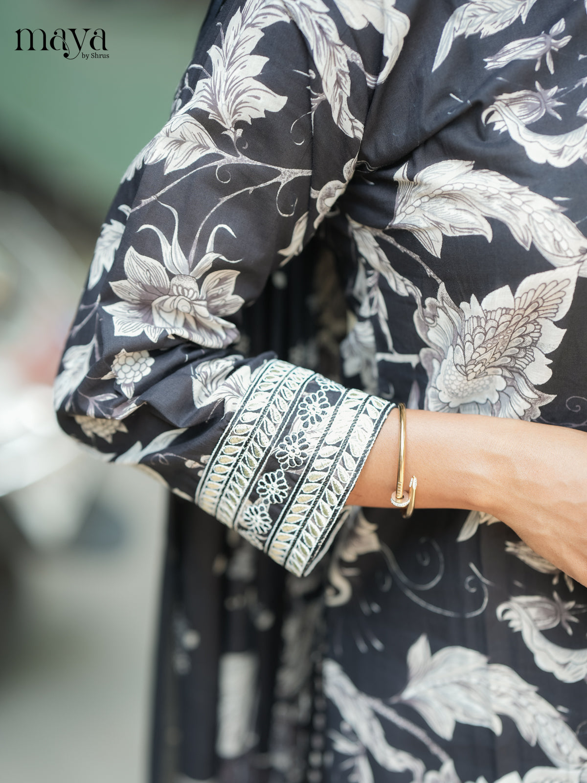 Black Cotton 3PC Salwar Suit with Floral Print - Top, Bottom & Dupatta - Shop on Shrus.com