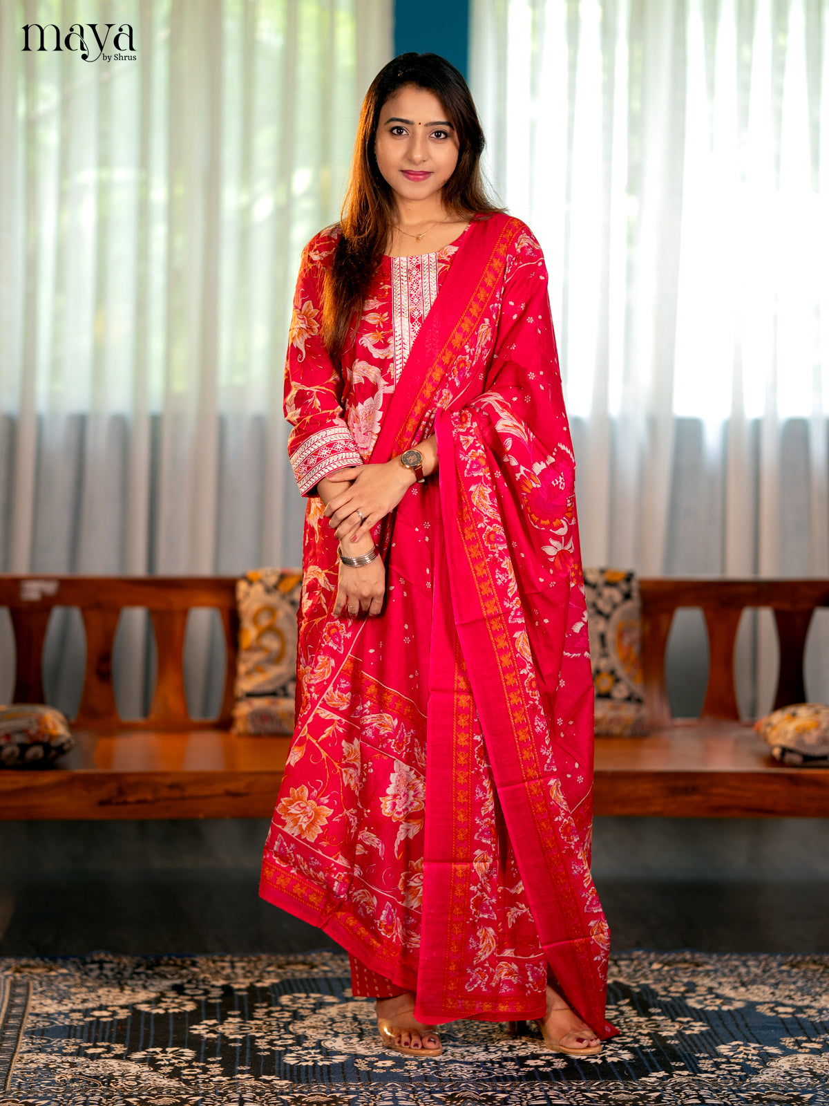 Pink Cotton 3PC Salwar Suit with Floral Print - Top, Bottom & Dupatta - Shop on Shrus.com