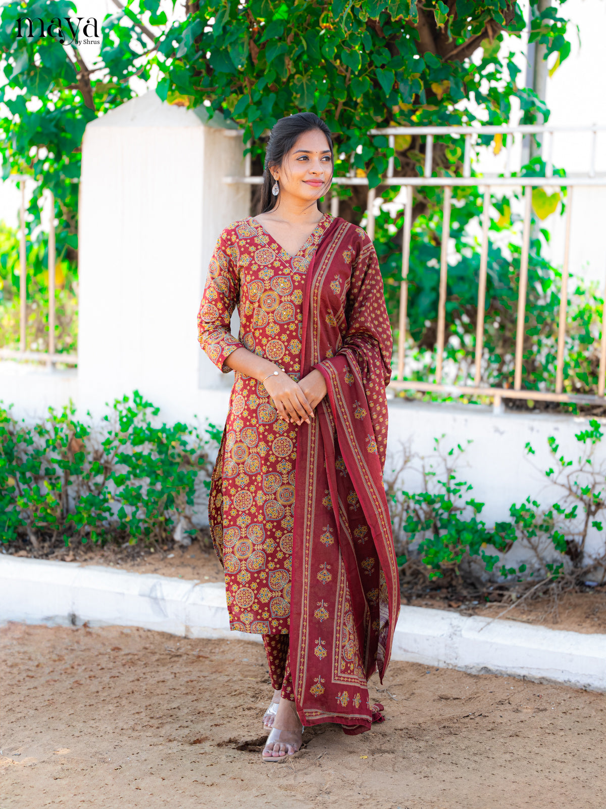 Maroon Cotton 3pc Salwar Suit with Ajrakh Print - Top, Bottom & Dupatta - Shop on Shrus.com