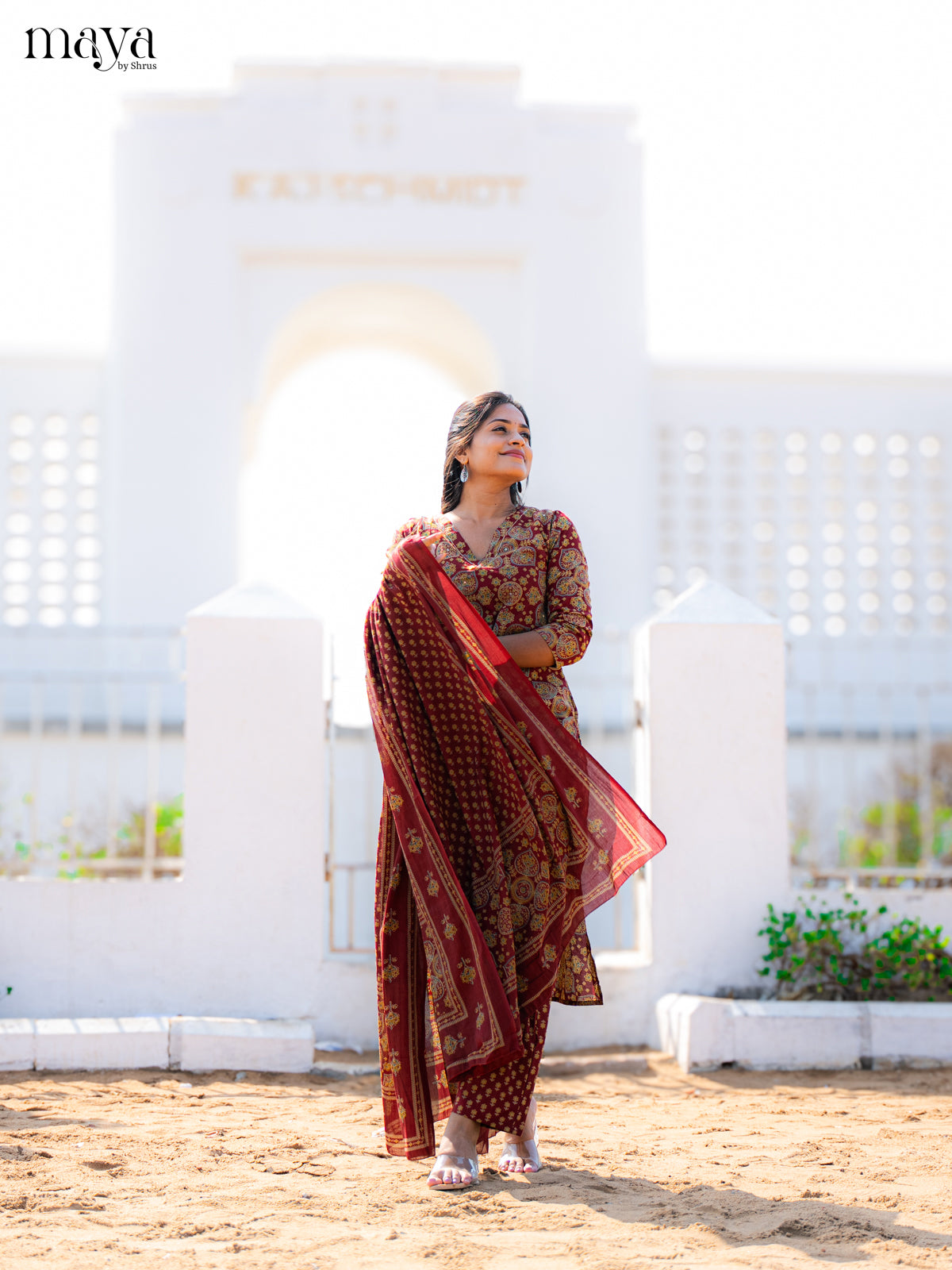 Maroon Cotton 3pc Salwar Suit with Ajrakh Print - Top, Bottom & Dupatta - Shop on Shrus.com