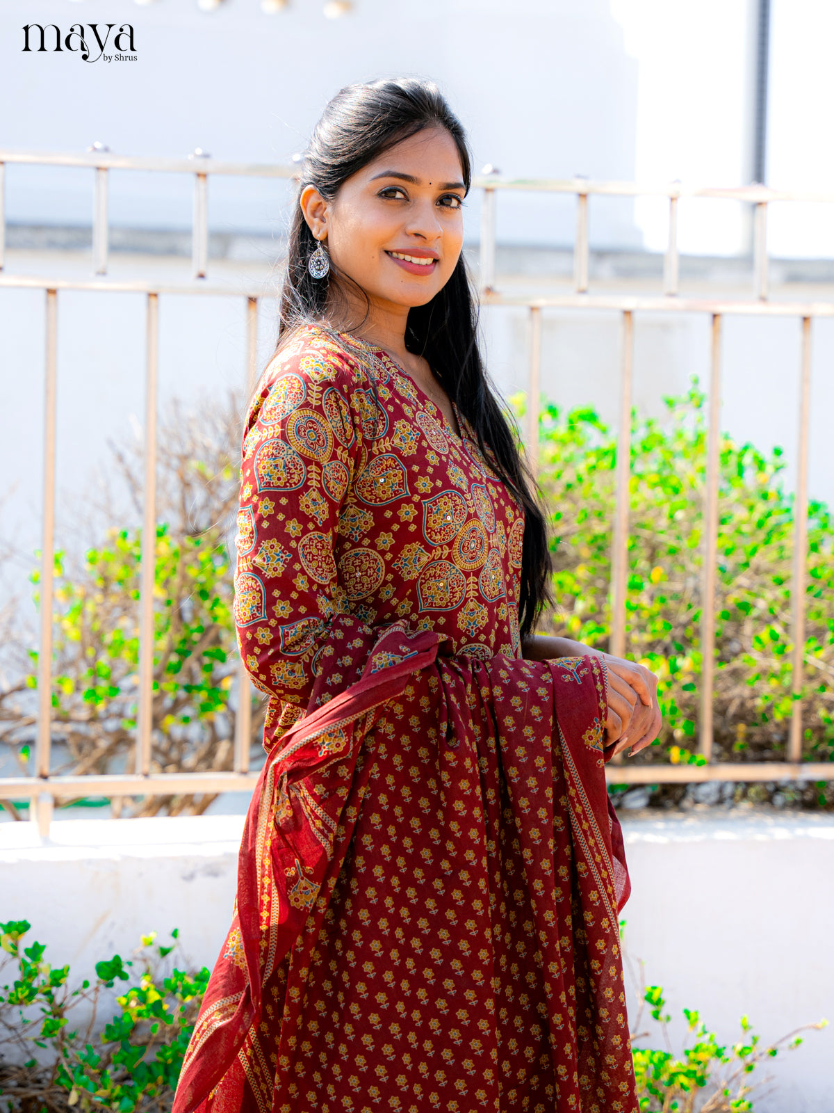 Maroon Cotton 3pc Salwar Suit with Ajrakh Print - Top, Bottom & Dupatta - Shop on Shrus.com