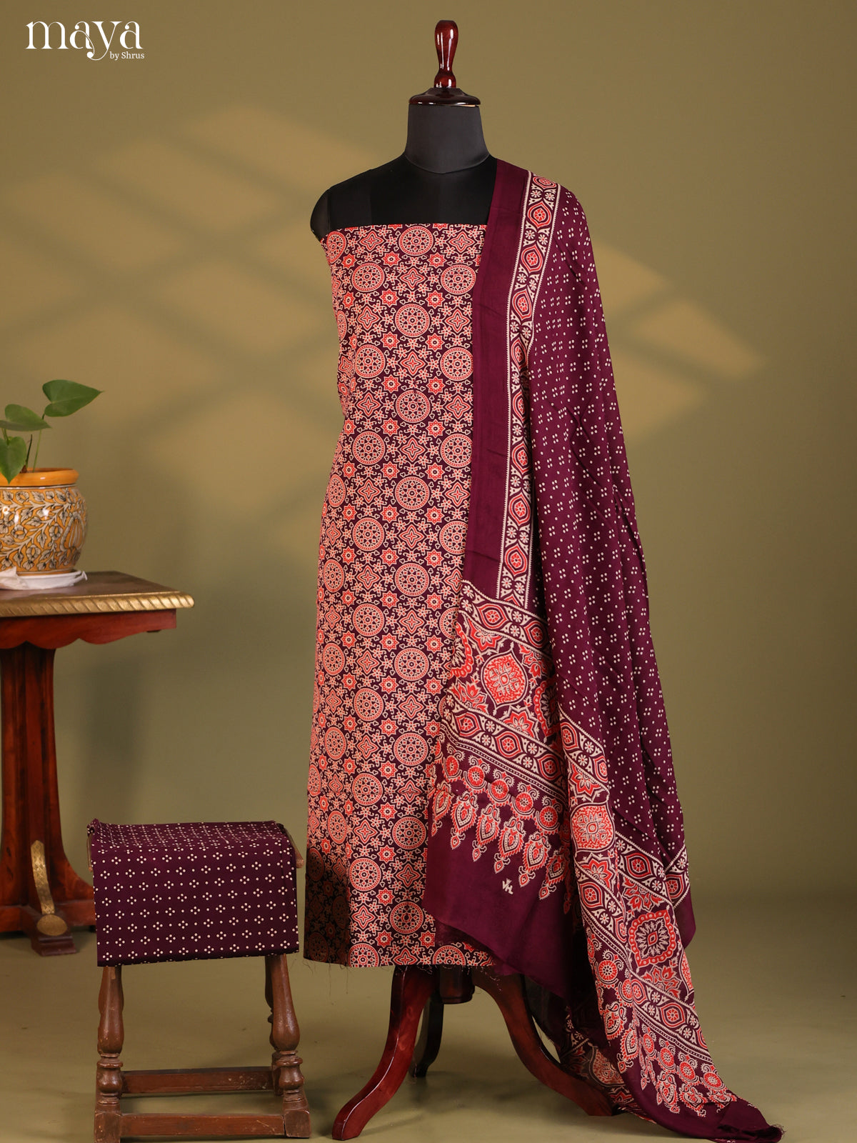 Maroon - Ajrakh Salwar Unstitch - Shop on Shrus.com