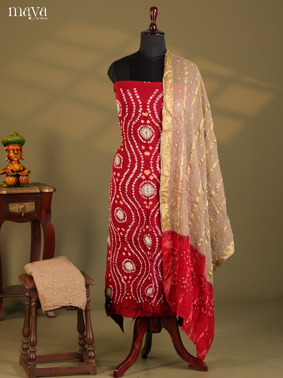 Maroon & Lite brown- Bandhini salwar Unstitch - Shop on Shrus.com
