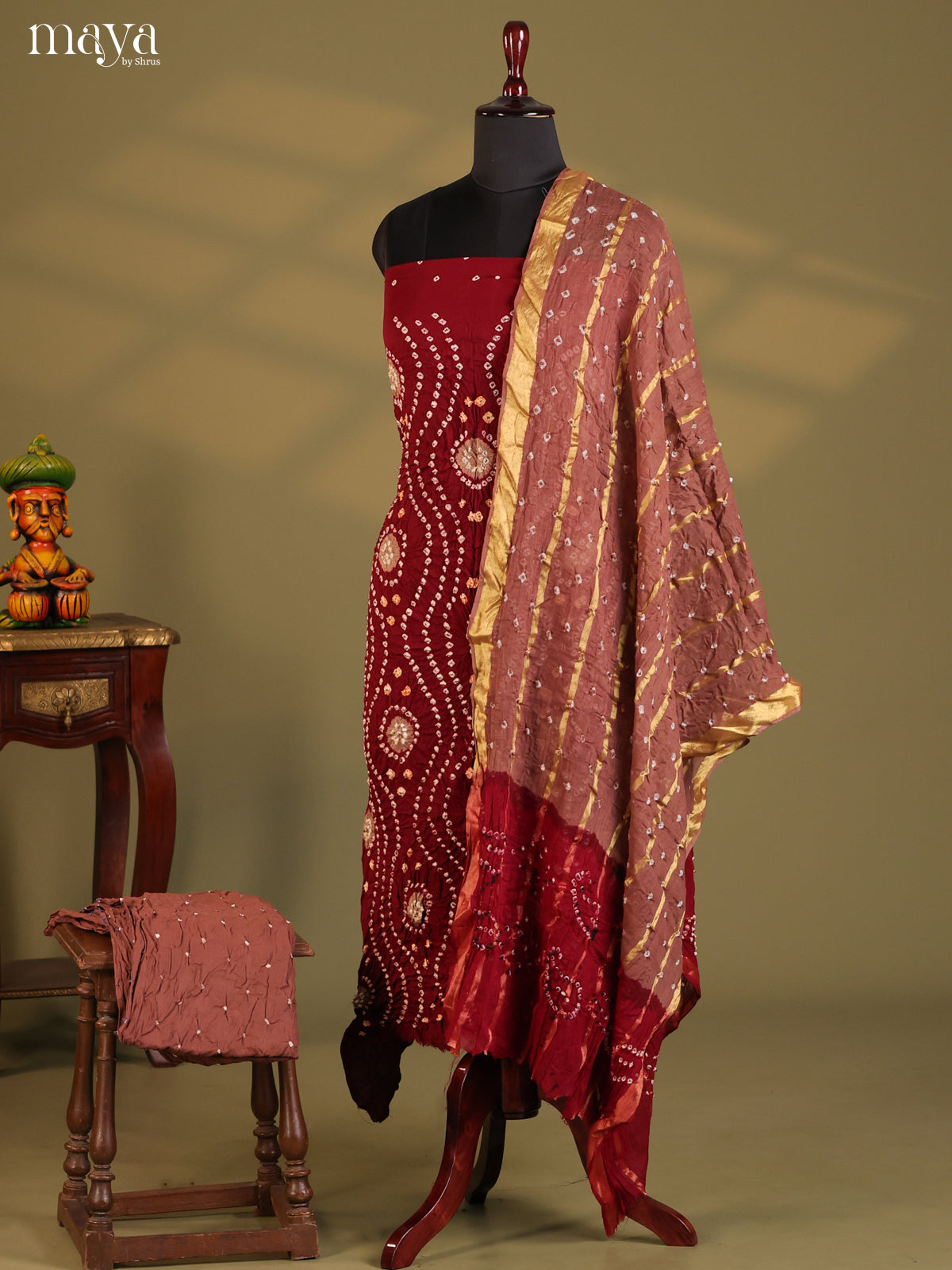 Maroon & Onion Peel- Bandhini salwar Unstitch - Shop on Shrus.com