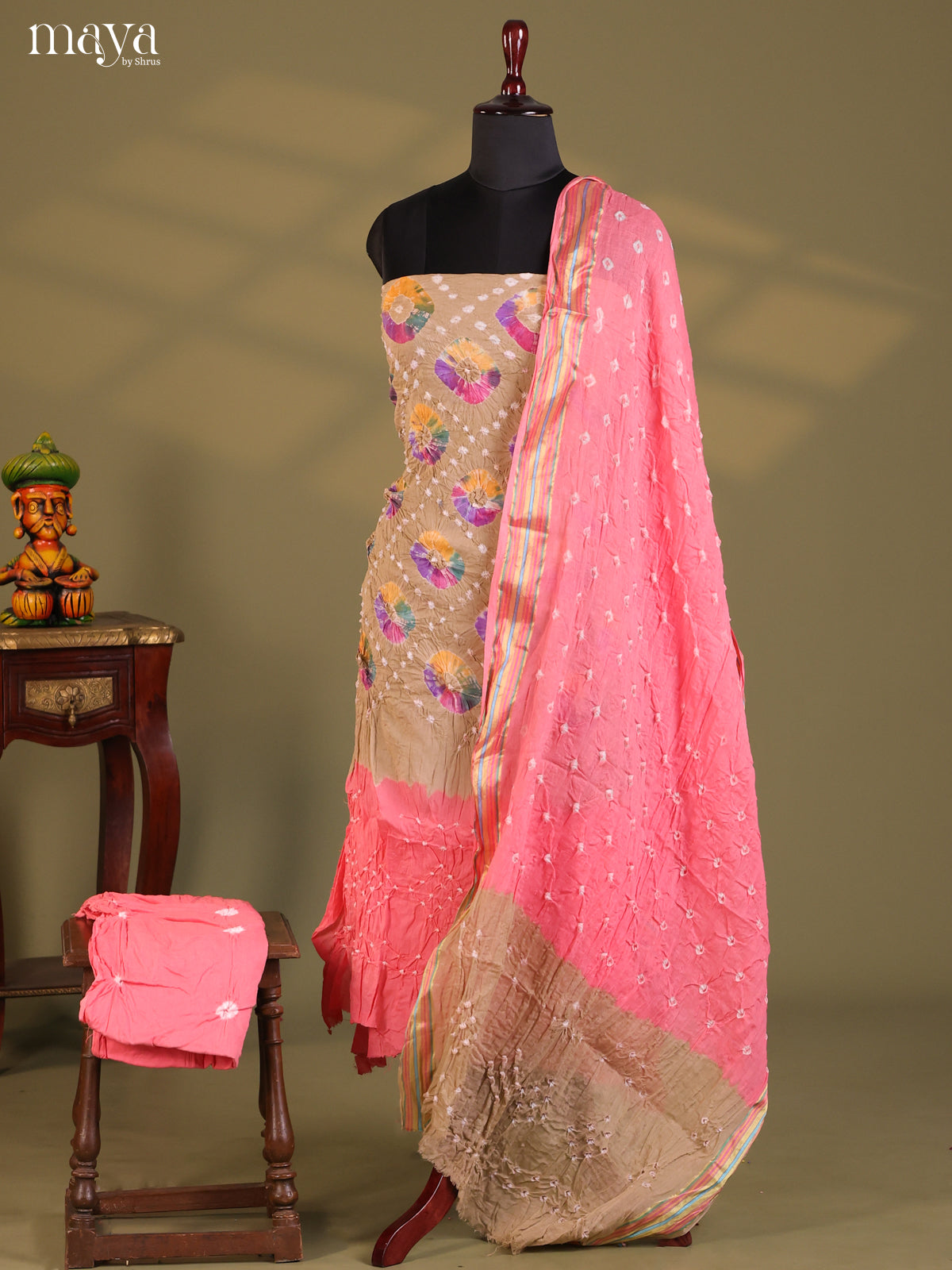 Beige & Pink - Bandhini salwar Unstitch - Shop on Shrus.com