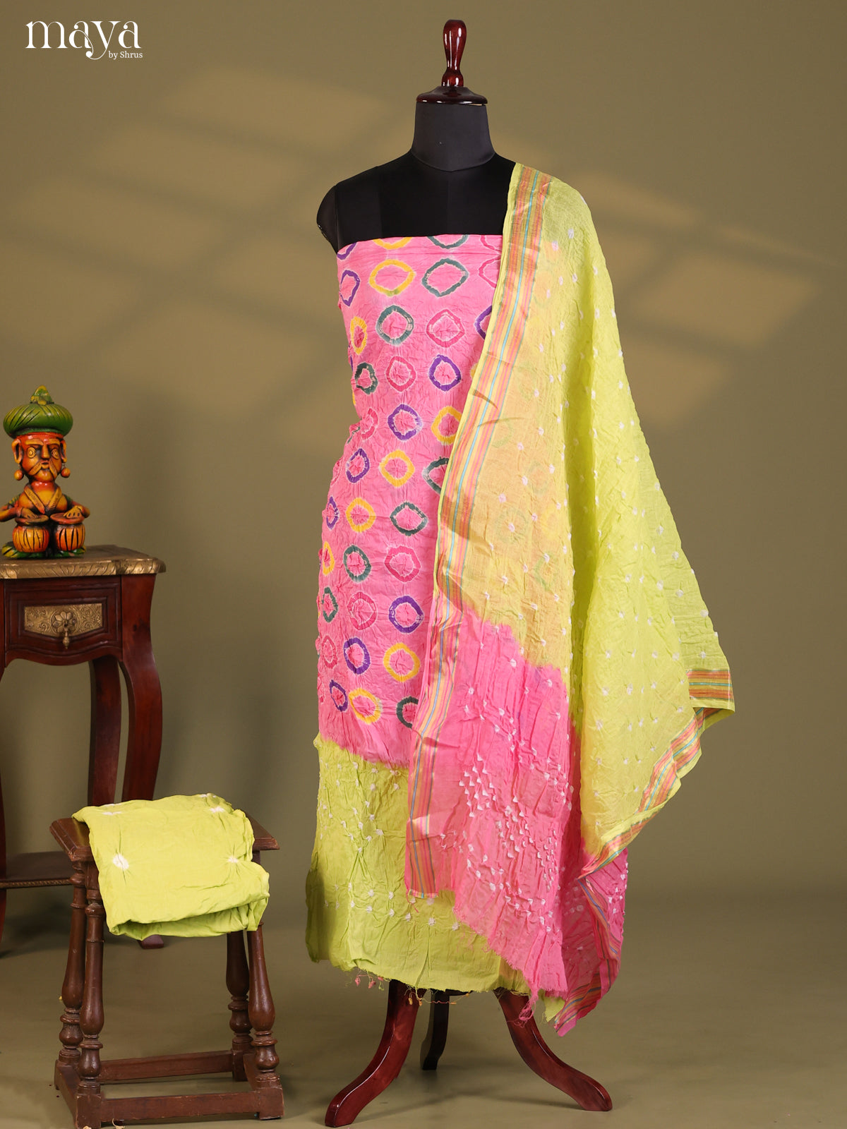 Pink & Green - Bandhini salwar Unstitch - Shop on Shrus.com