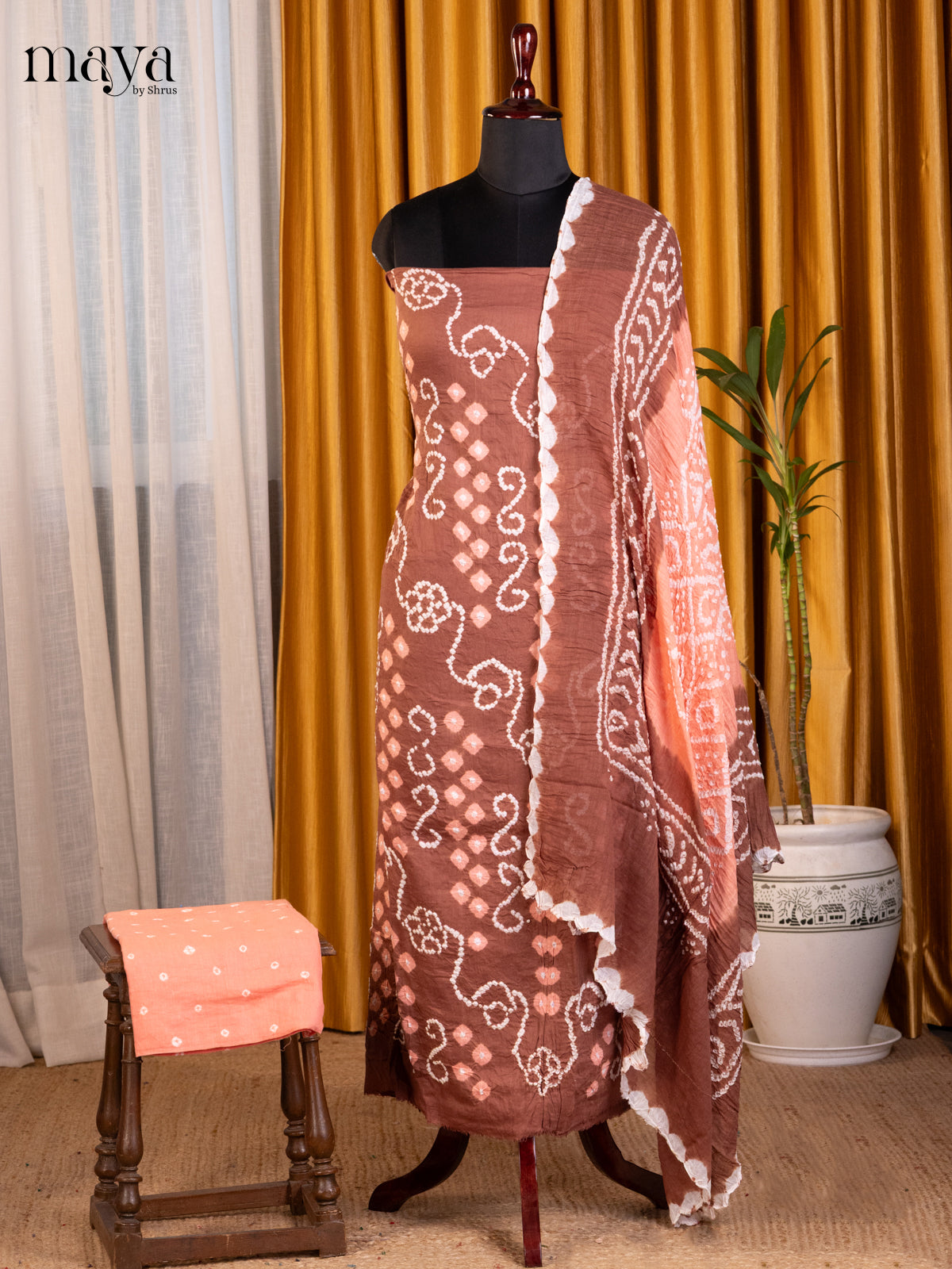 Brown & Peach- Bandhini salwar Unstitch - Shop on Shrus.com