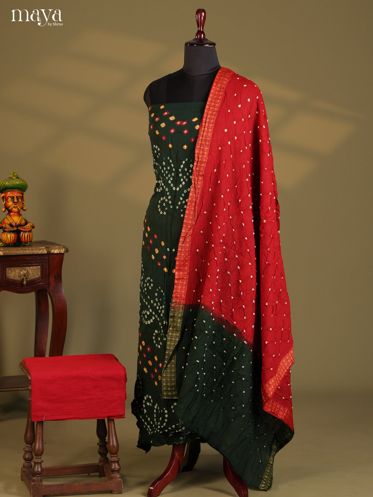 Dark Green & Maroon - Bandhini salwar Unstitch - Shop on Shrus.com