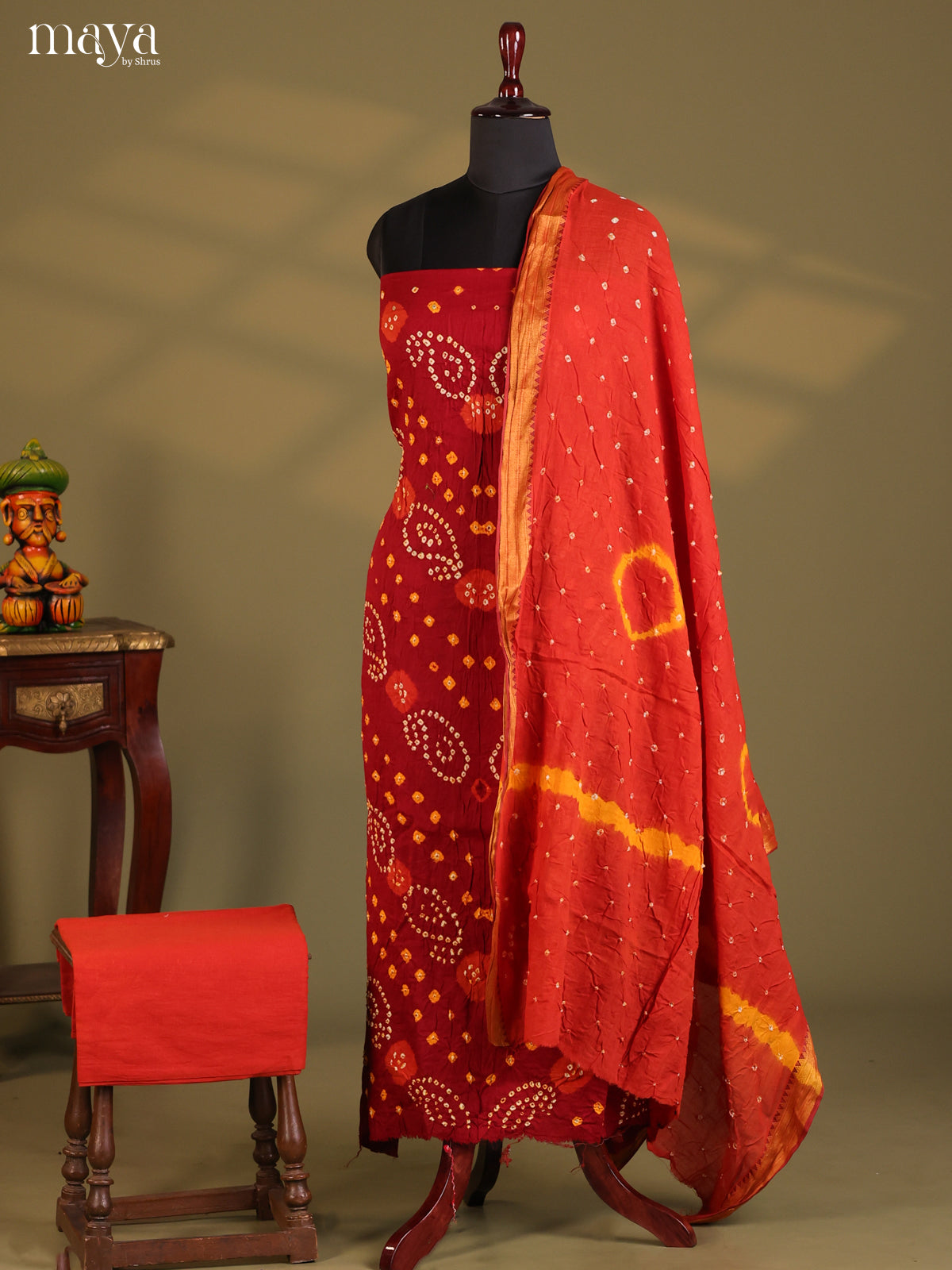 Red & Orange- Bandhini salwar Unstitch - Shop on Shrus.com