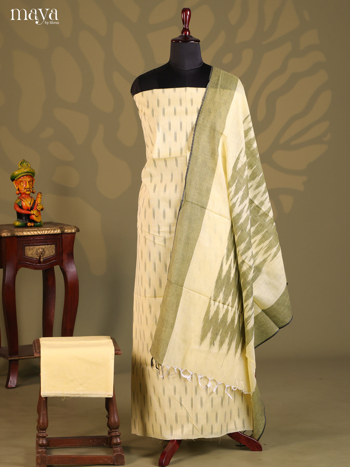 Cream with Green- Ikkat Salwar Unstitch - Shop on Shrus.com