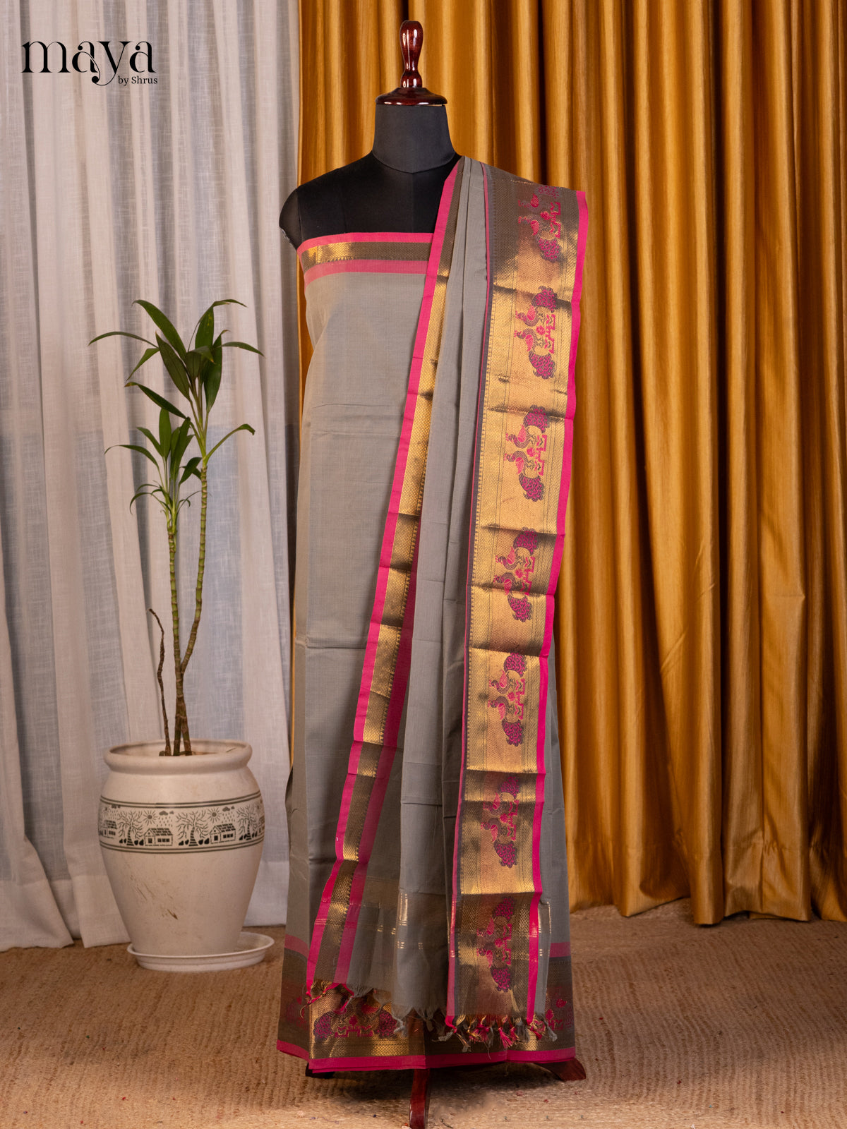 Grey & Pink - chettinad top & dupatta combo - Shop on Shrus.com