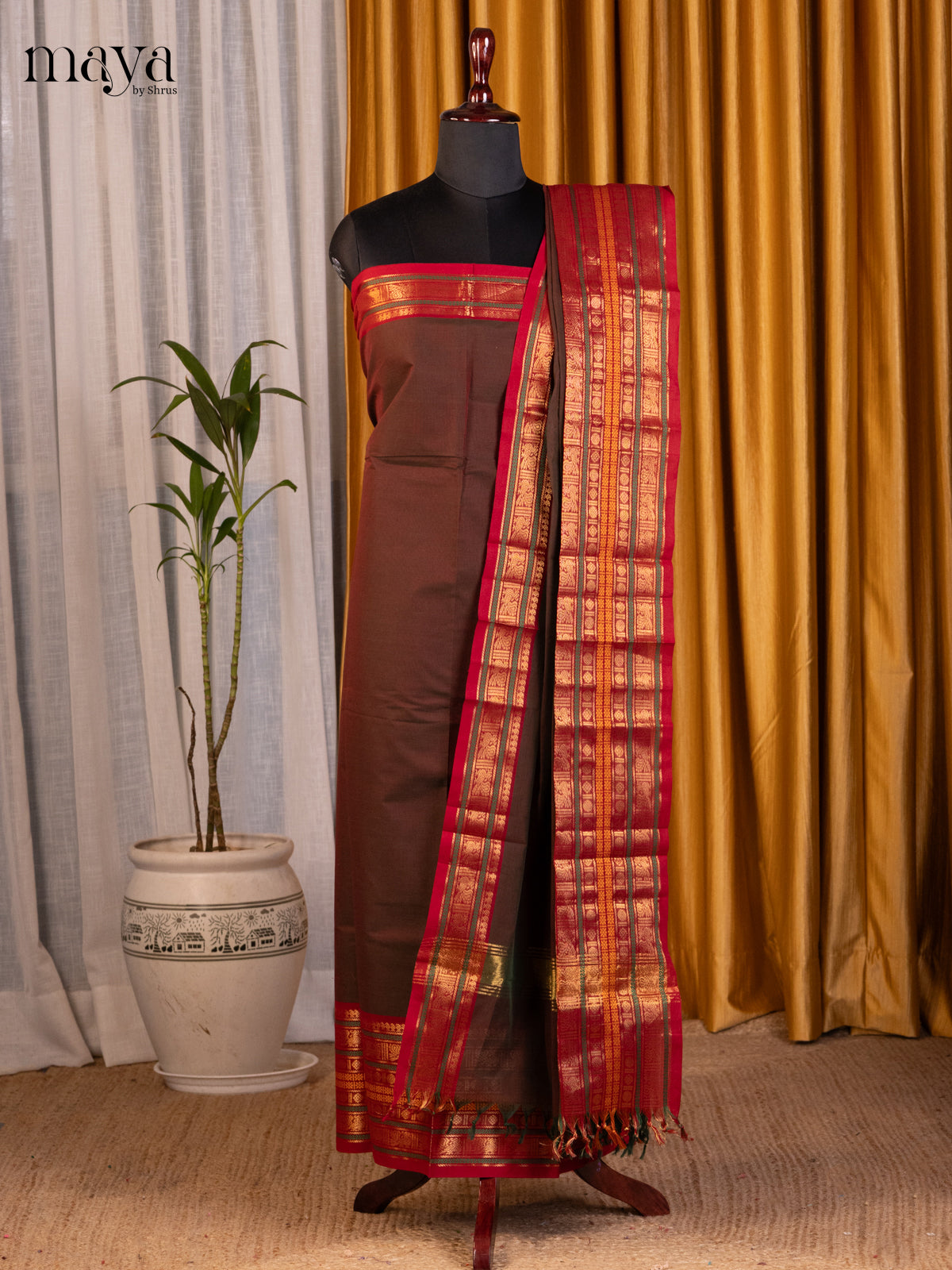 Brown with Red - chettinad top & dupatta combo - Shop on Shrus.com
