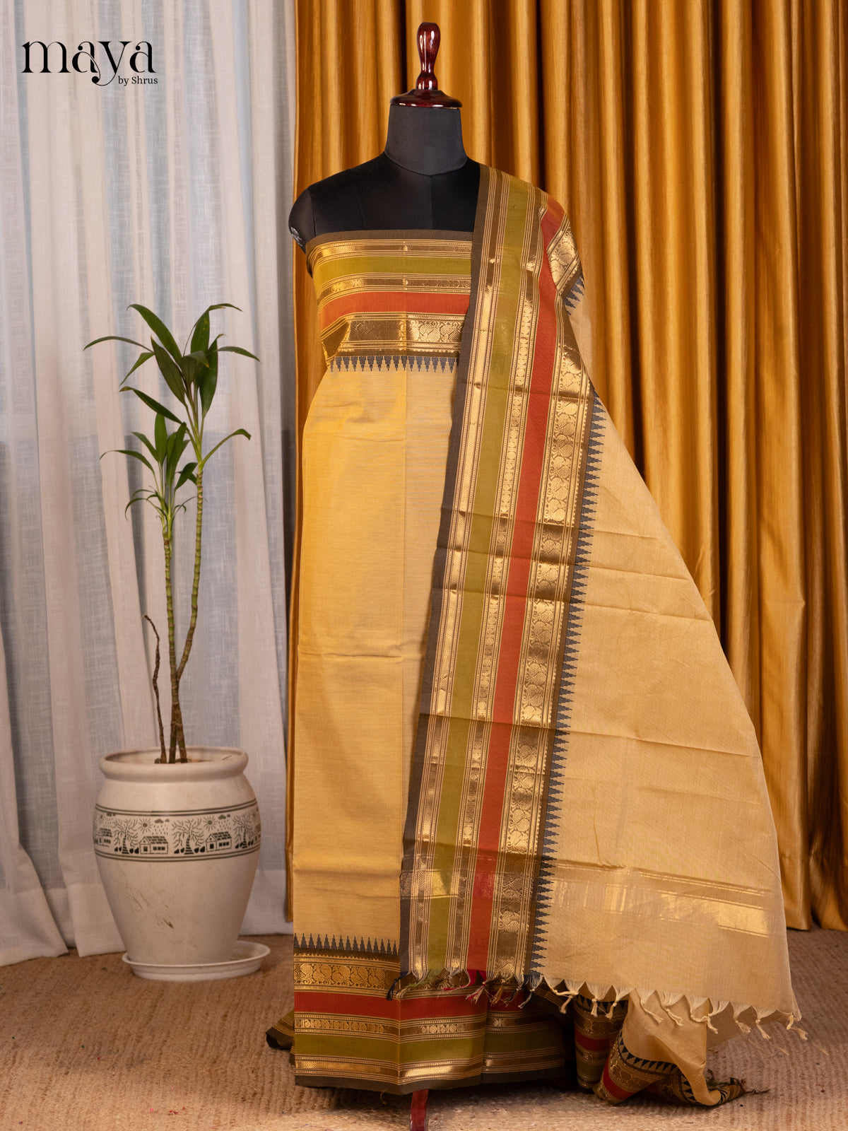 Beige & Green - chettinad top & dupatta combo - Shop on Shrus.com