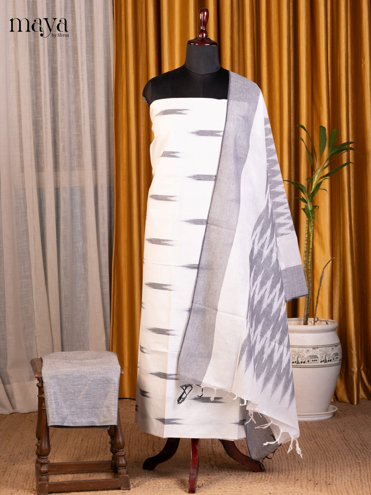 White & Grey- Ikkat Salwar Unstitch - Shop on Shrus.com