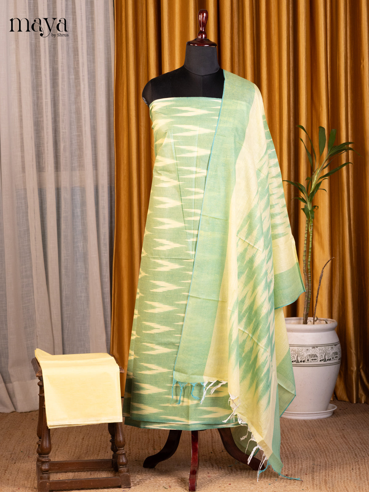 Green & Yellow - Ikkat Salwar Unstitch - Shop on Shrus.com