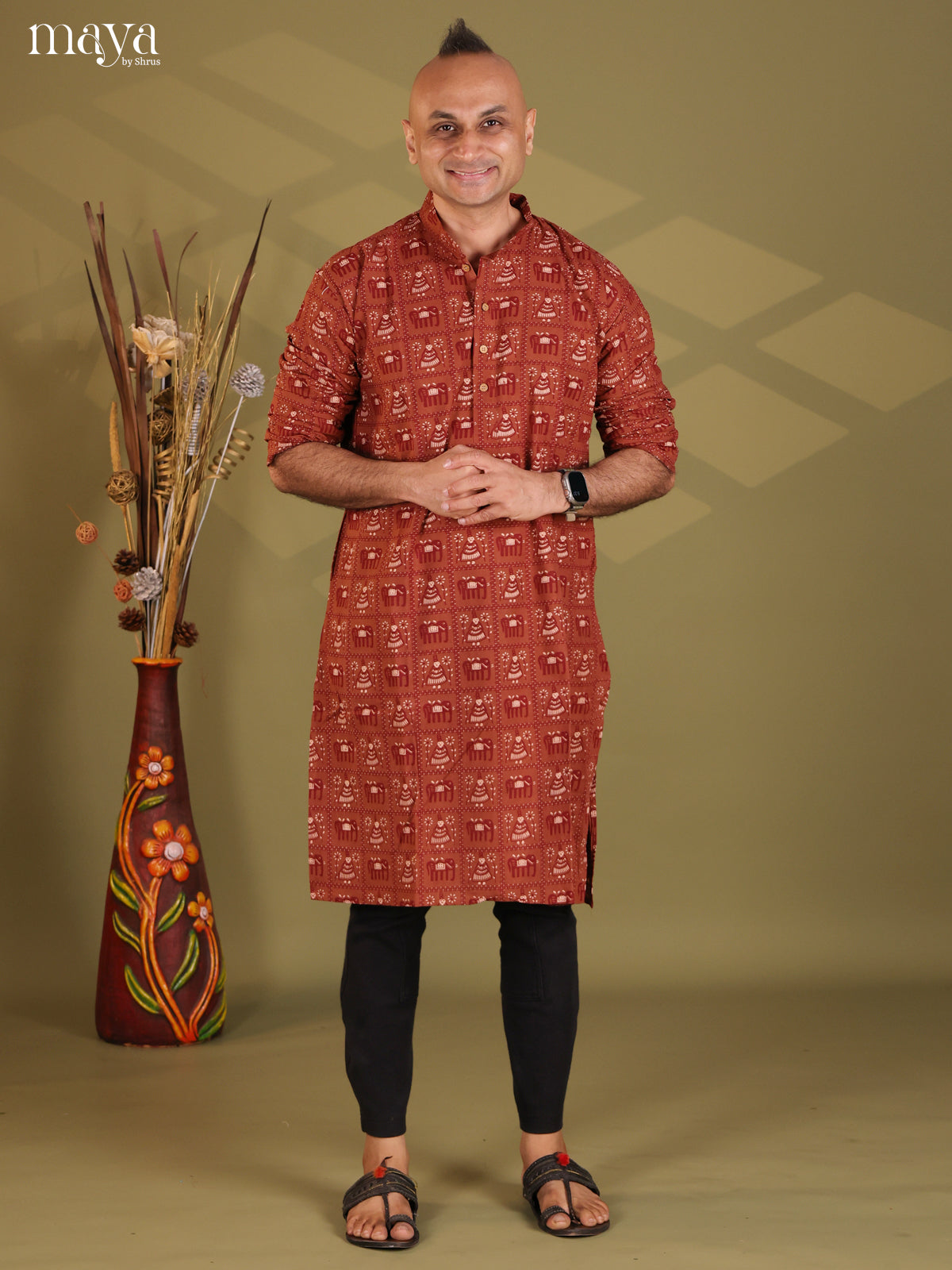 Brown Cotton Elephant Printed Long Men Kurta - Shop on Shrus.com
