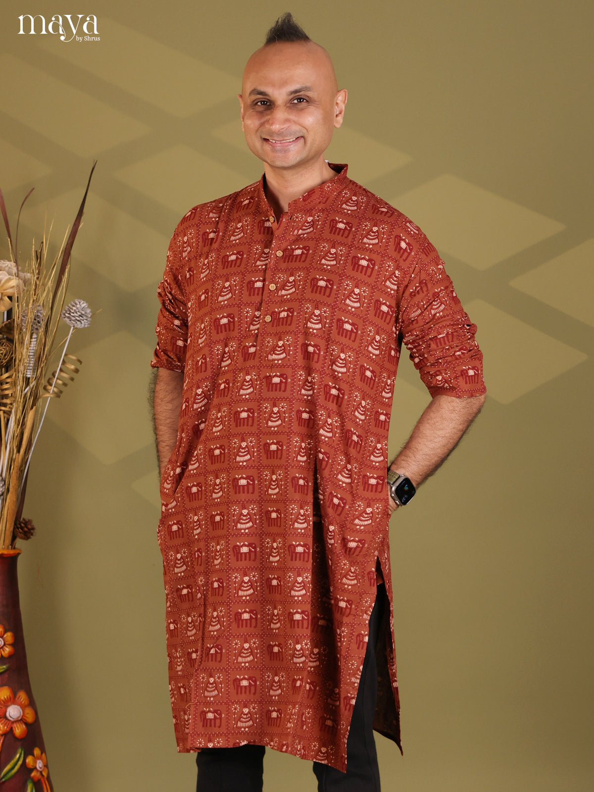Brown Cotton Elephant Printed Long Men Kurta - Shop on Shrus.com