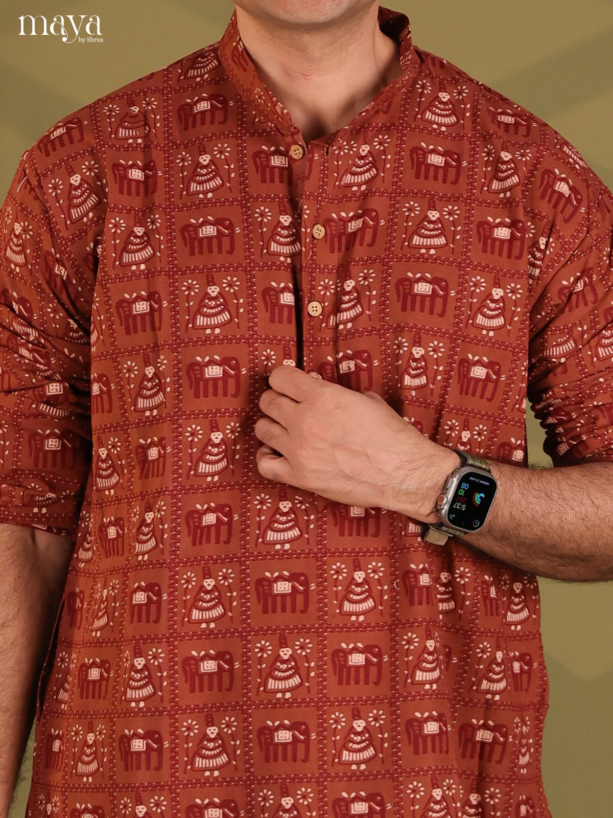 Brown Cotton Elephant Printed Long Men Kurta - Shop on Shrus.com