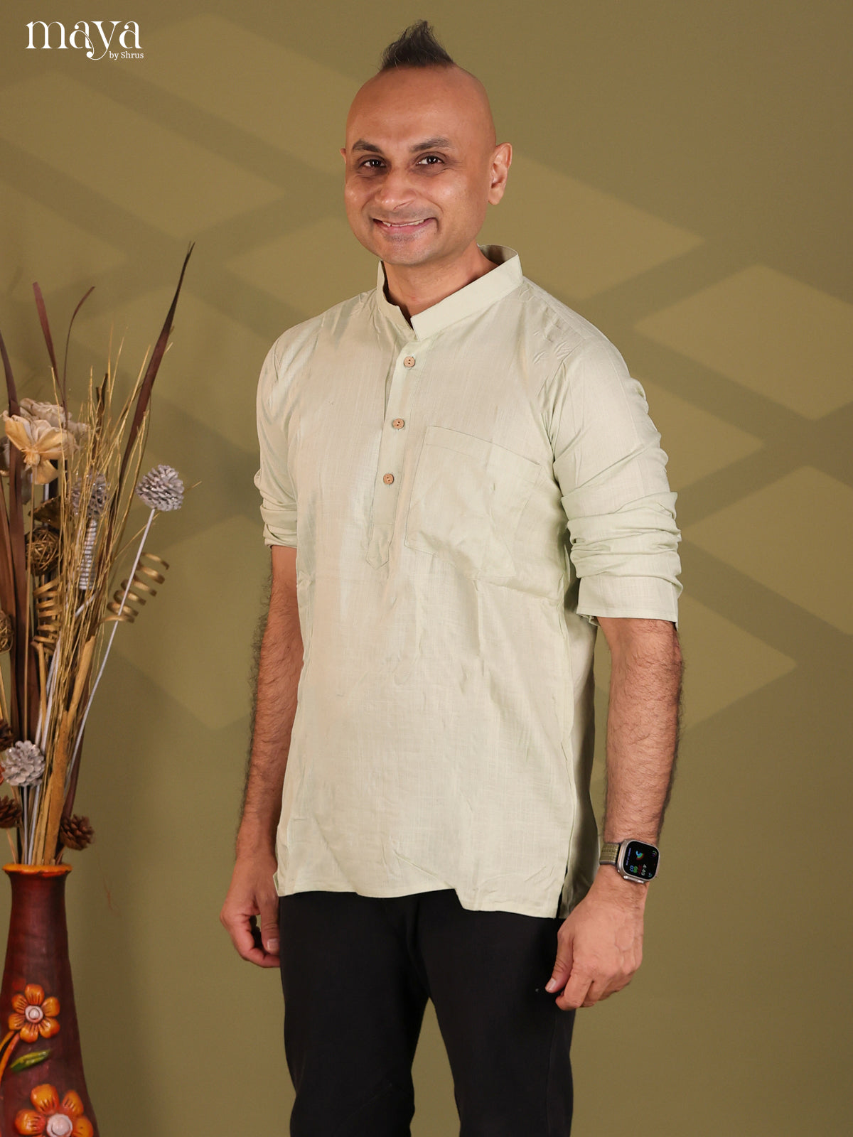 Pista Green Rayon Solid Short Men Kurta - Shop on Shrus.com