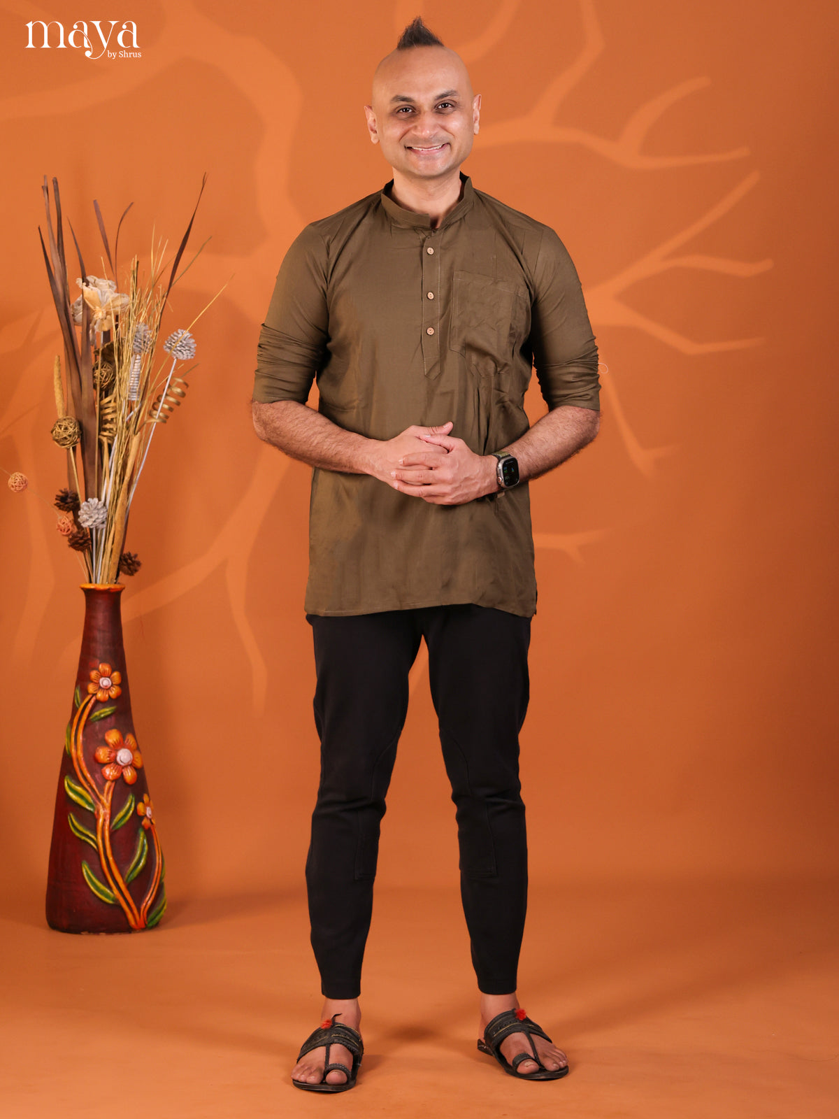 Army Green Rayon Solid Short Men Kurta - Shop on Shrus.com