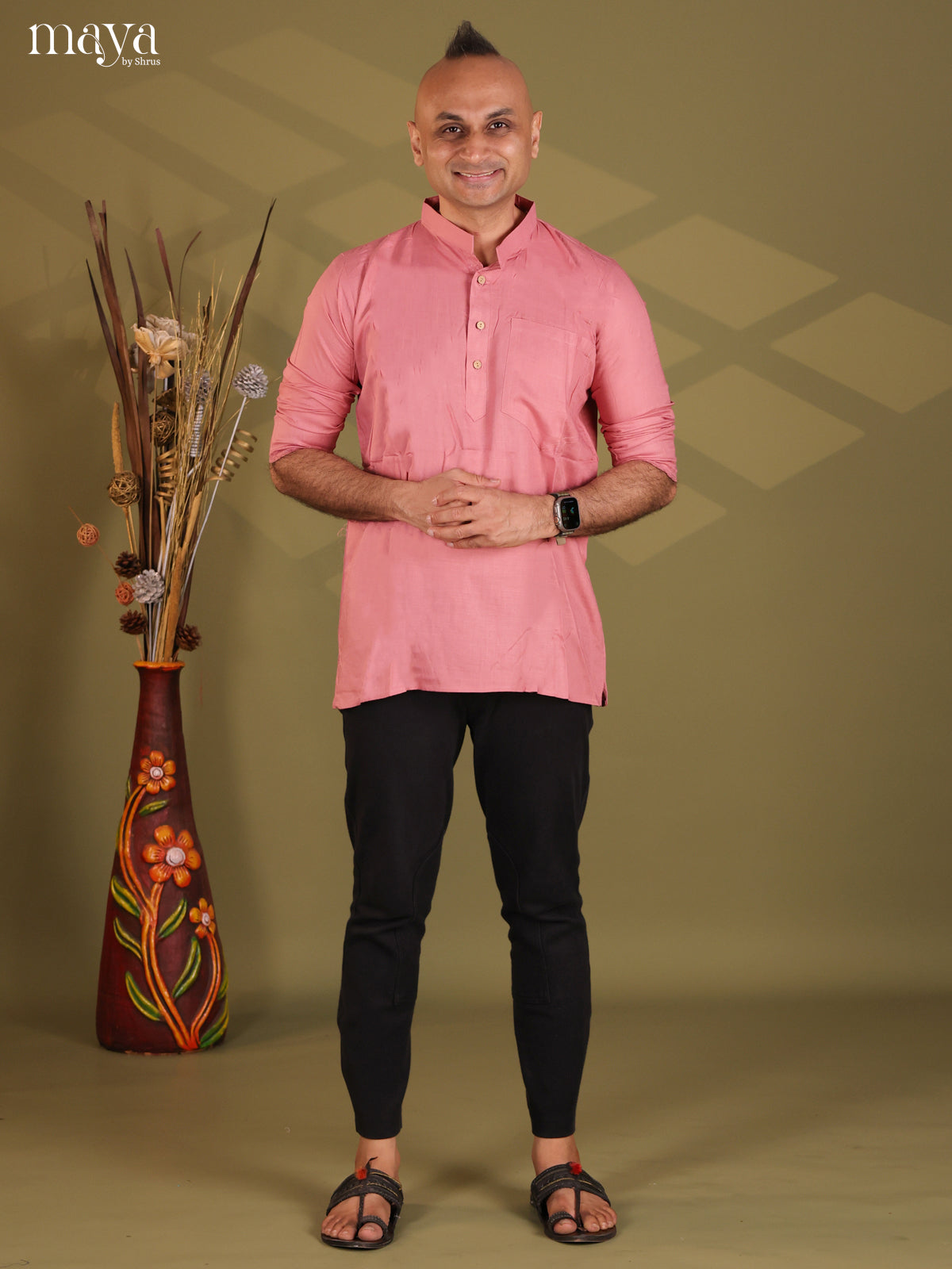 Pastel Pink Rayon Solid Short Men Kurta - Shop on Shrus.com