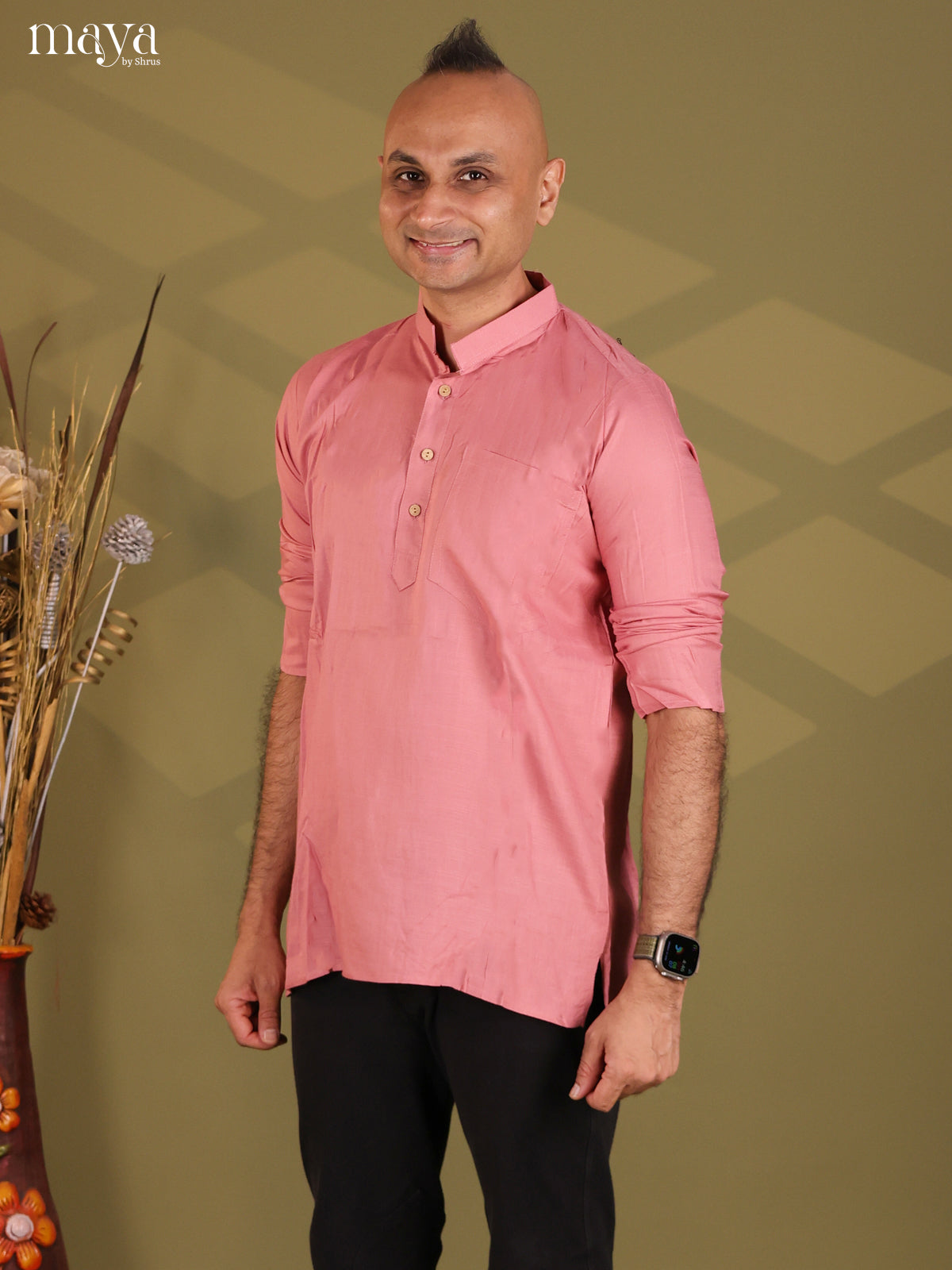 Pastel Pink Rayon Solid Short Men Kurta - Shop on Shrus.com