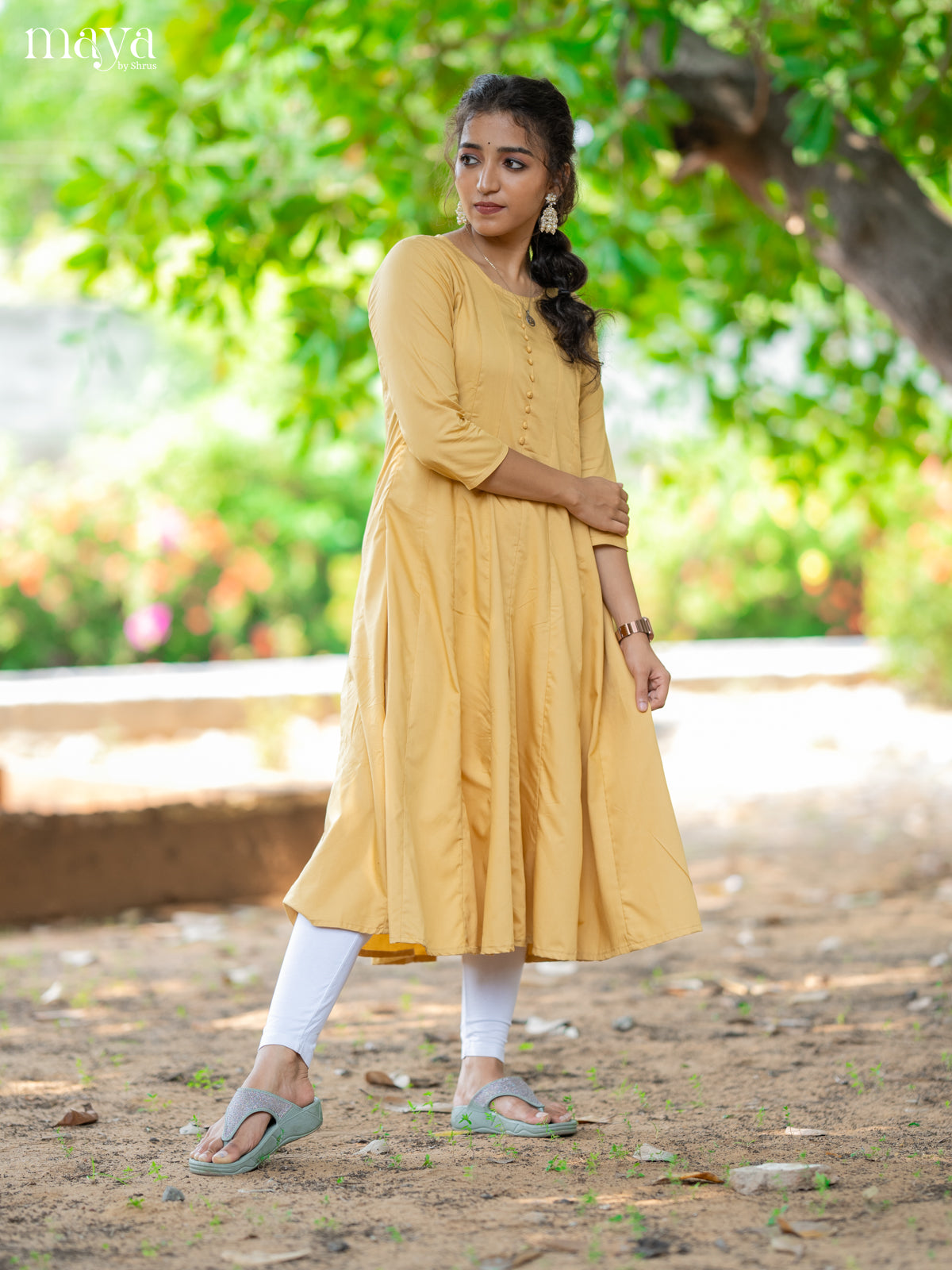 Yellow Solid Rayon Cotton Anarkali Kurti - Shop on Shrus.com