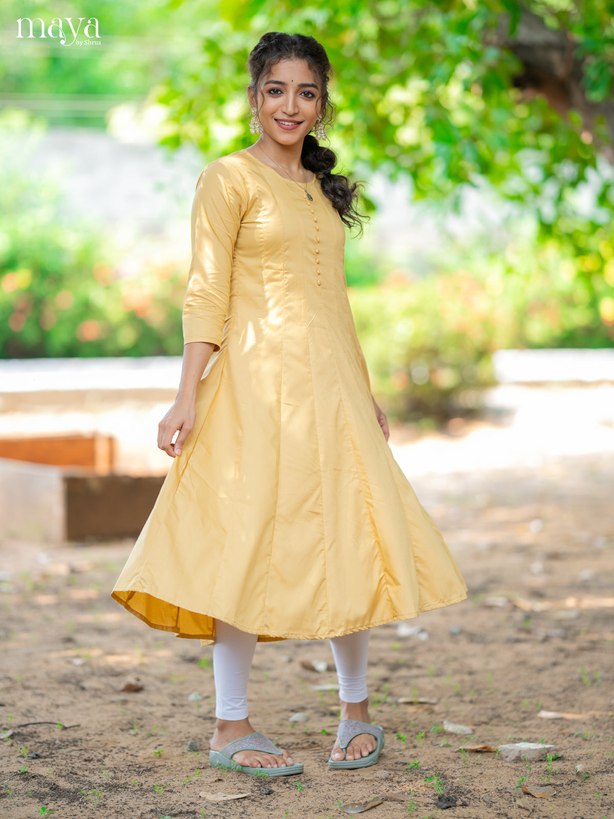 Yellow Solid Rayon Cotton Anarkali Kurti - Shop on Shrus.com