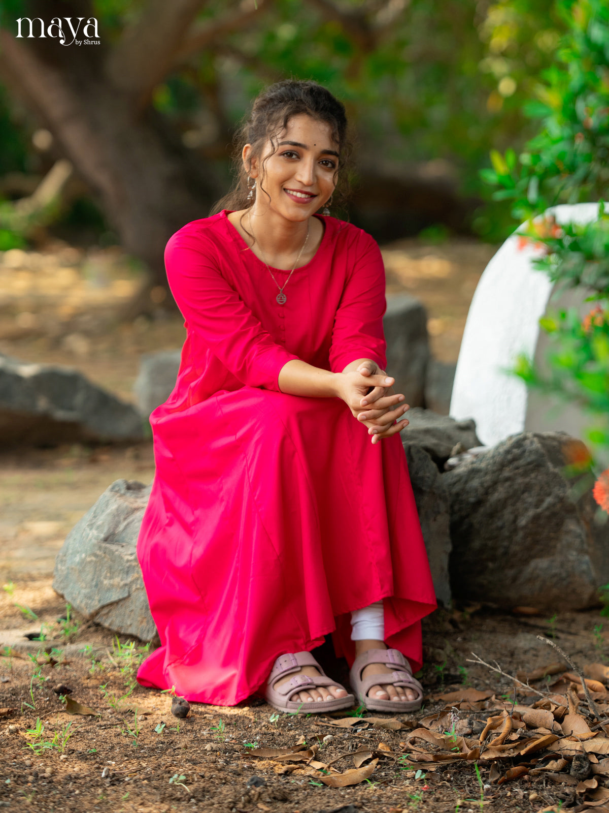 Dark Pink Solid Rayon Cotton Anarkali Kurti - Shop on Shrus.com