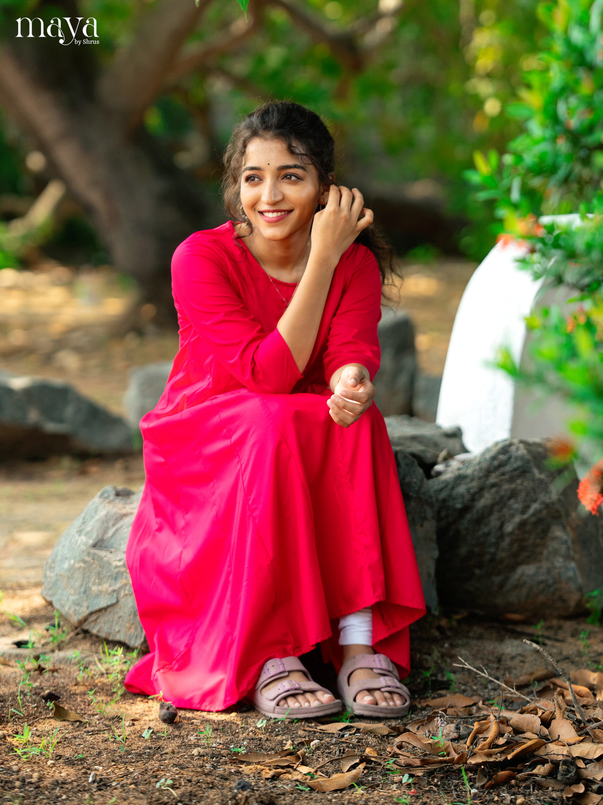 Dark Pink Solid Rayon Cotton Anarkali Kurti - Shop on Shrus.com